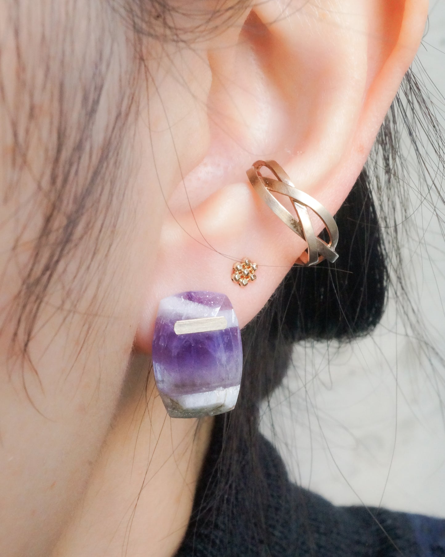 Bar stone Pierced Earring - Amethyst -