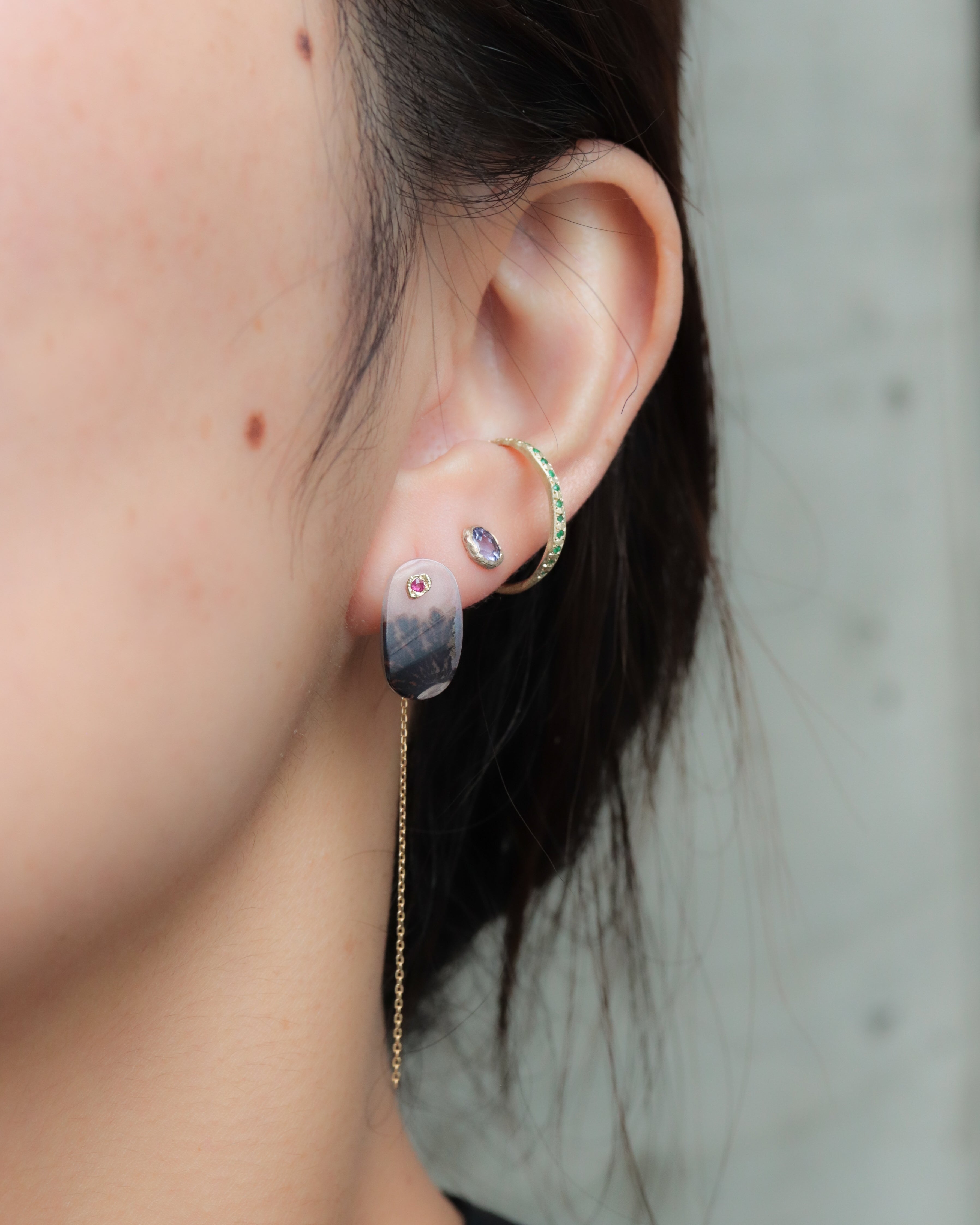 Flat Pierced Earring - Dendritic Quartz -