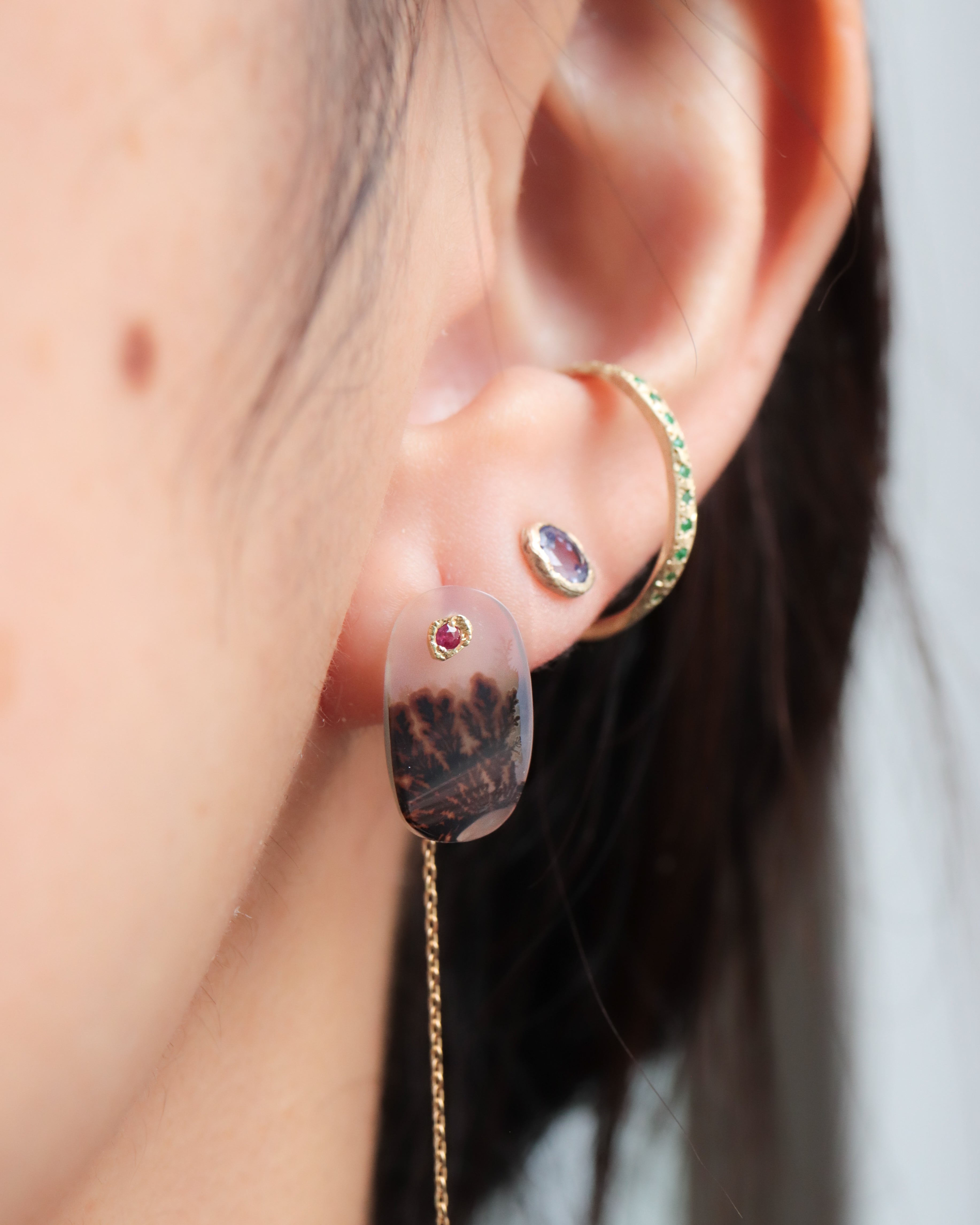 Flat Pierced Earring - Dendritic Quartz -