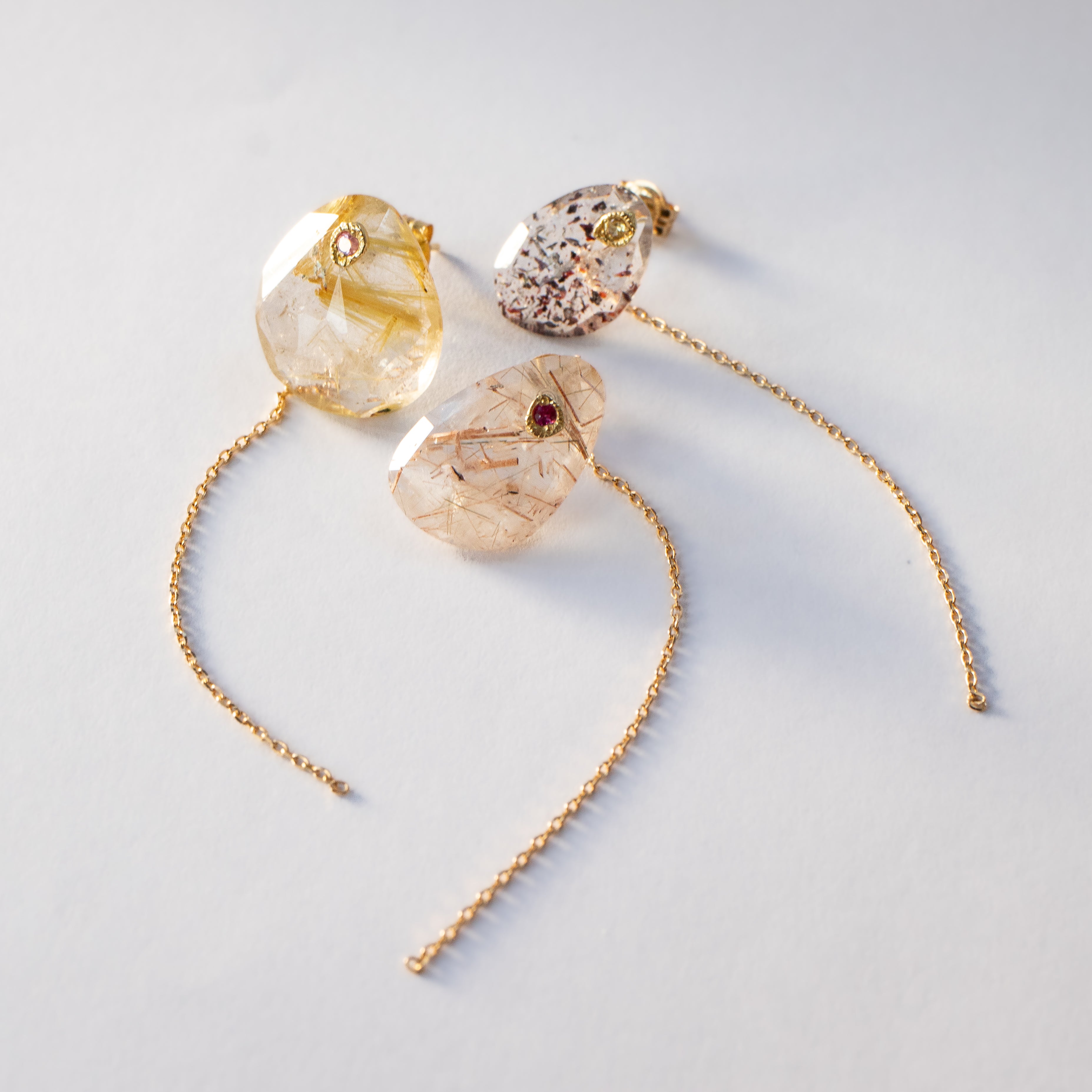 Flat Pierced Earring - Brown Rutilated Quartz -
