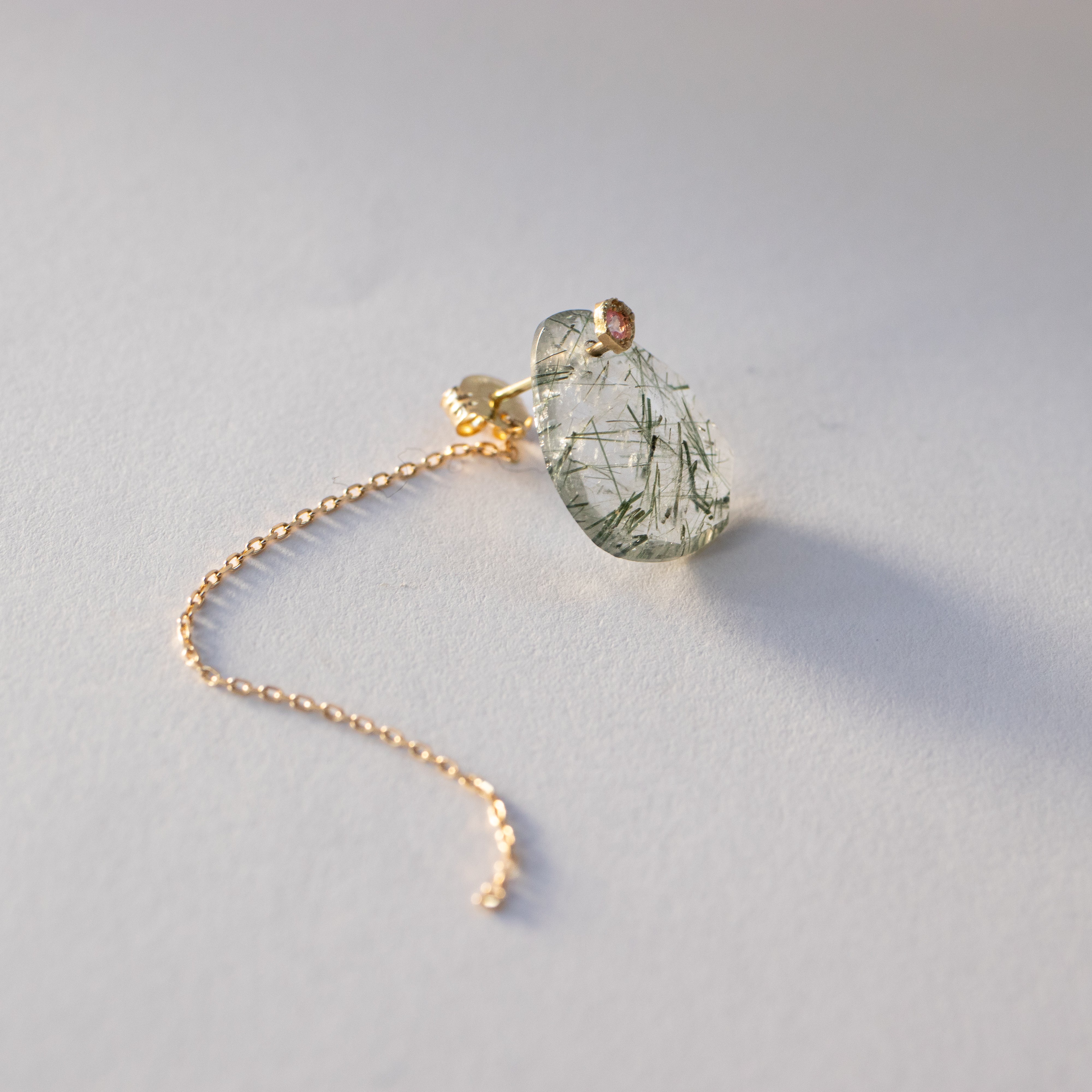 Flat Pierced Earring - Green Rutilelated Quartz -