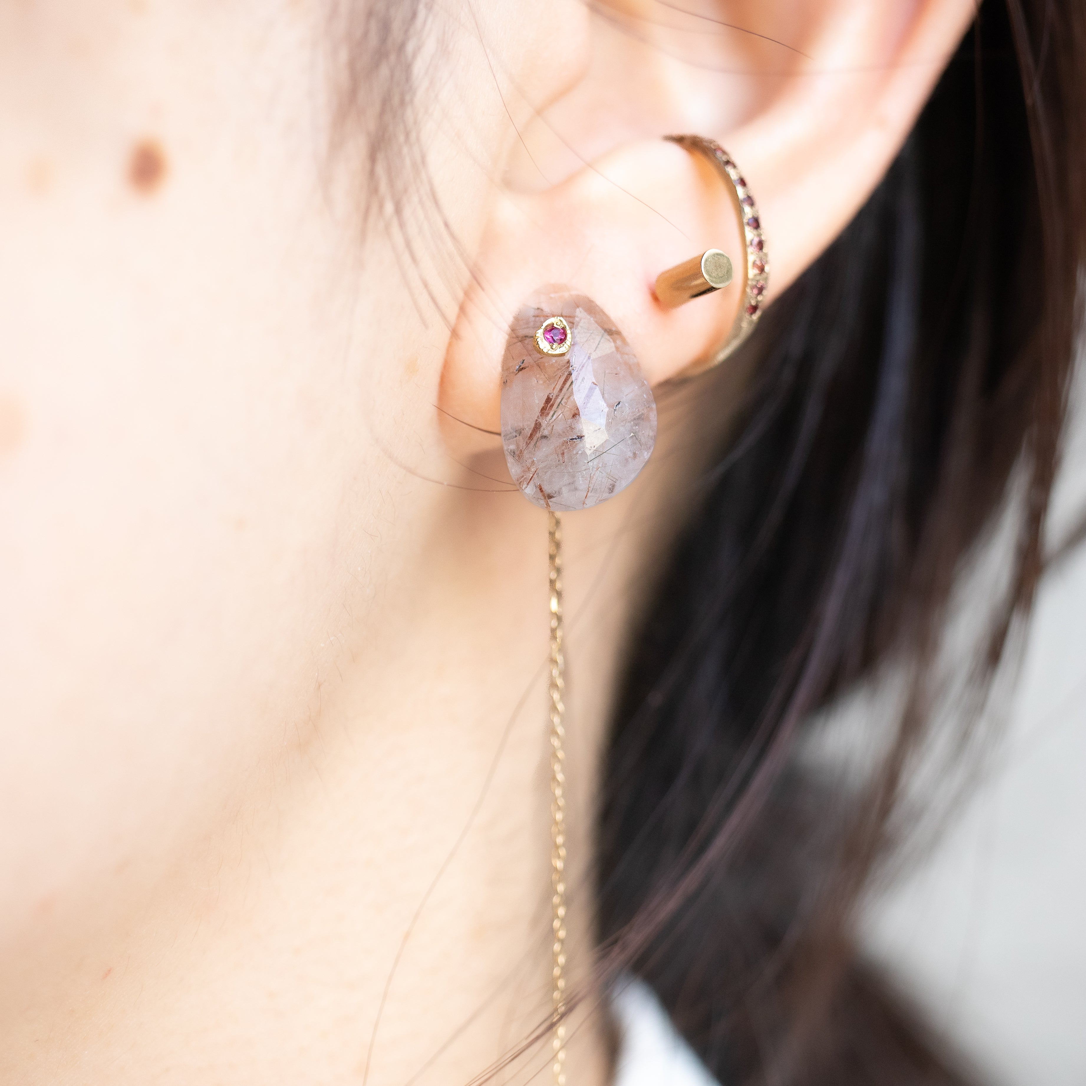 Flat Pierced Earring - Brown Rutilated Quartz -