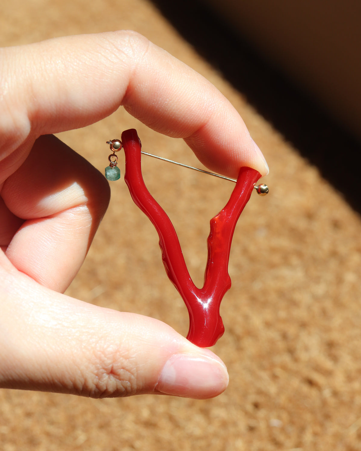 Rock Pierced Earring - Coral / Emerald -
