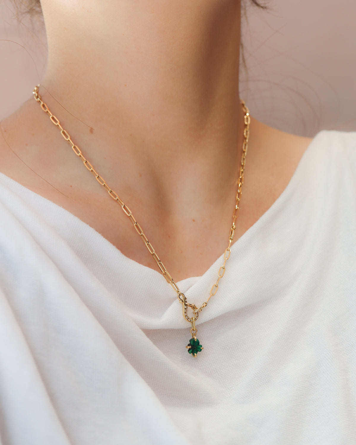 Horse Shoe Prong Necklace - Trapiche Emerald -