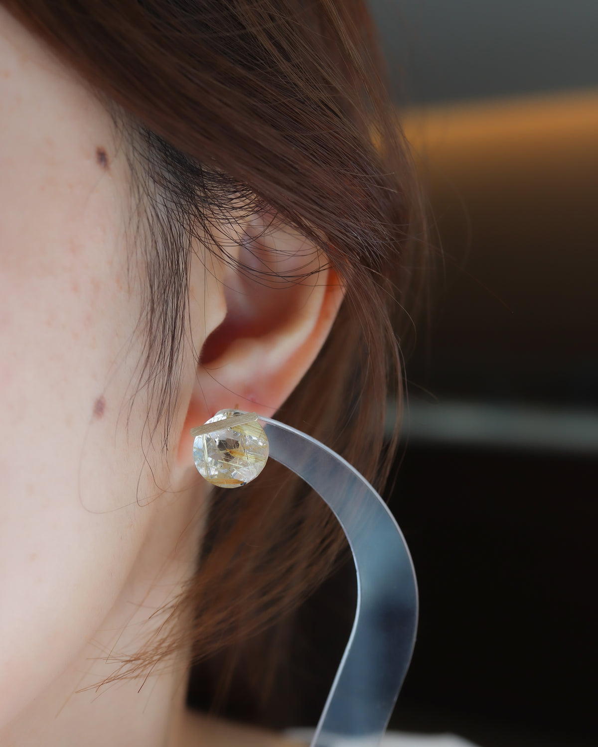 Bar stone Pierced Earring - Golden Rutilated Quartz -