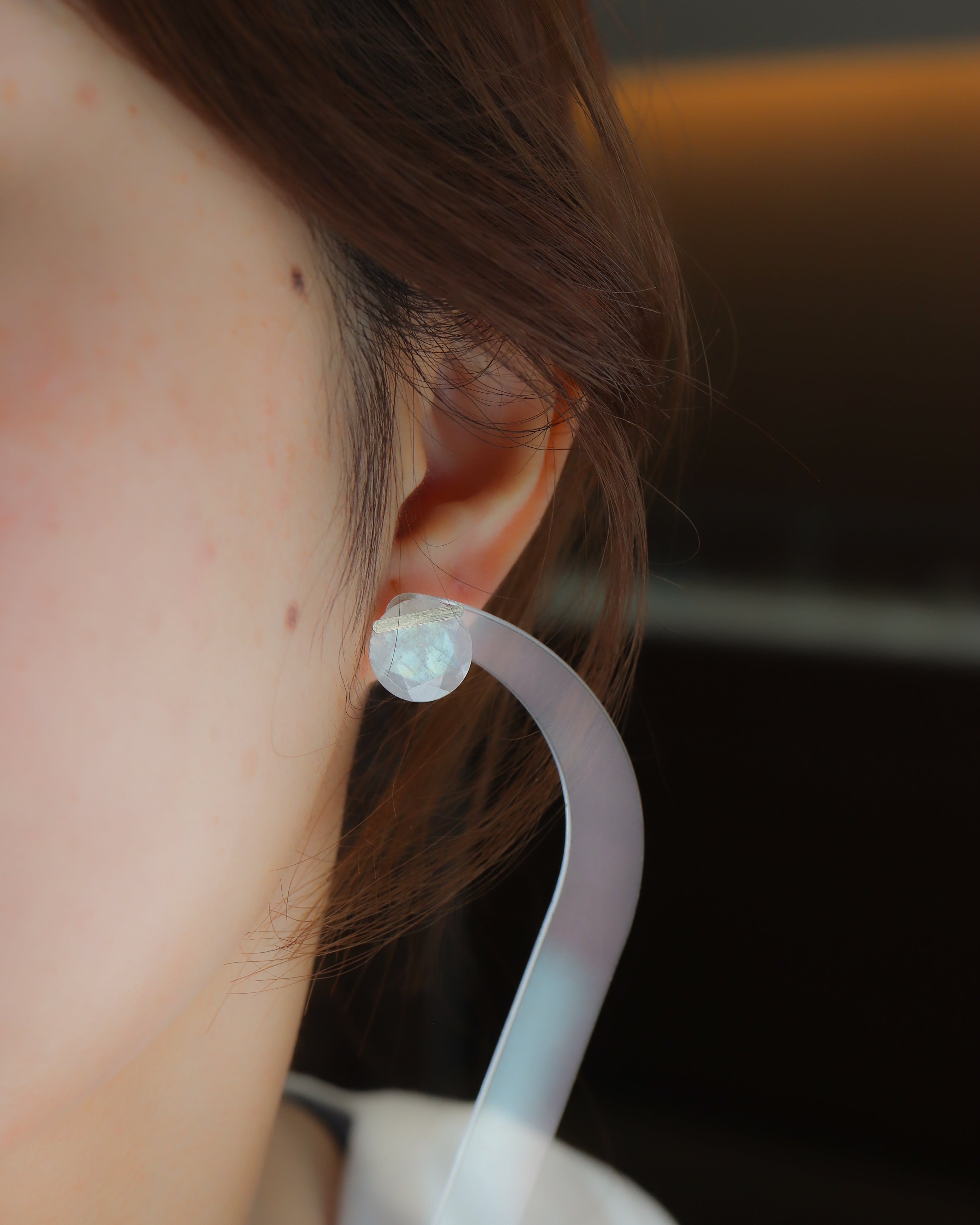 Bar stone Pierced Earring - Rainbow Moon Stone -