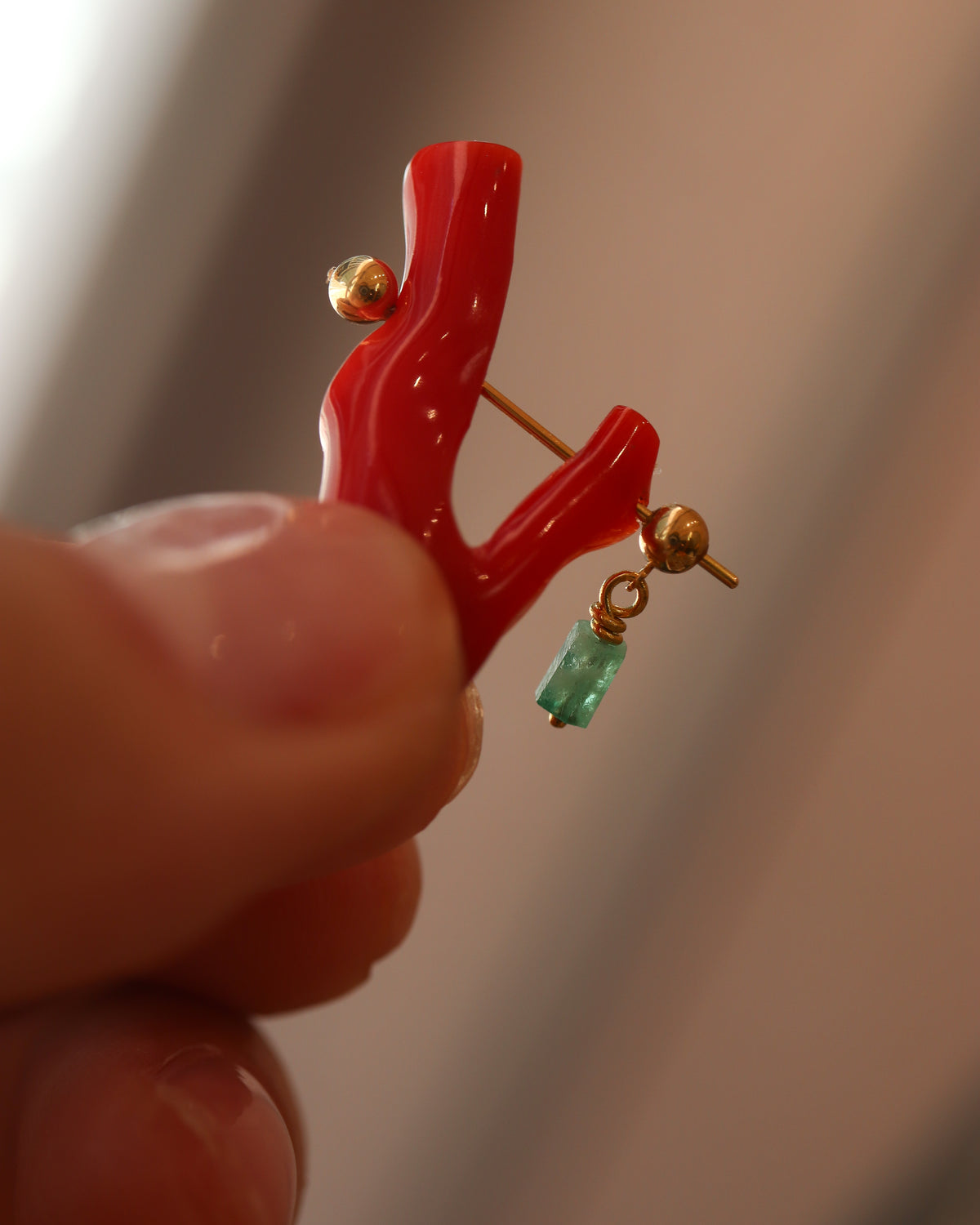 Rock Pierced Earring - Coral / Emerald -
