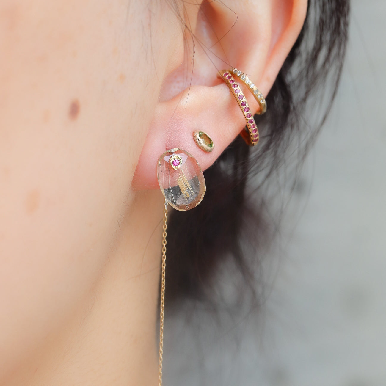 Flat Pierced Earring - Golden Rutilated Quartz -