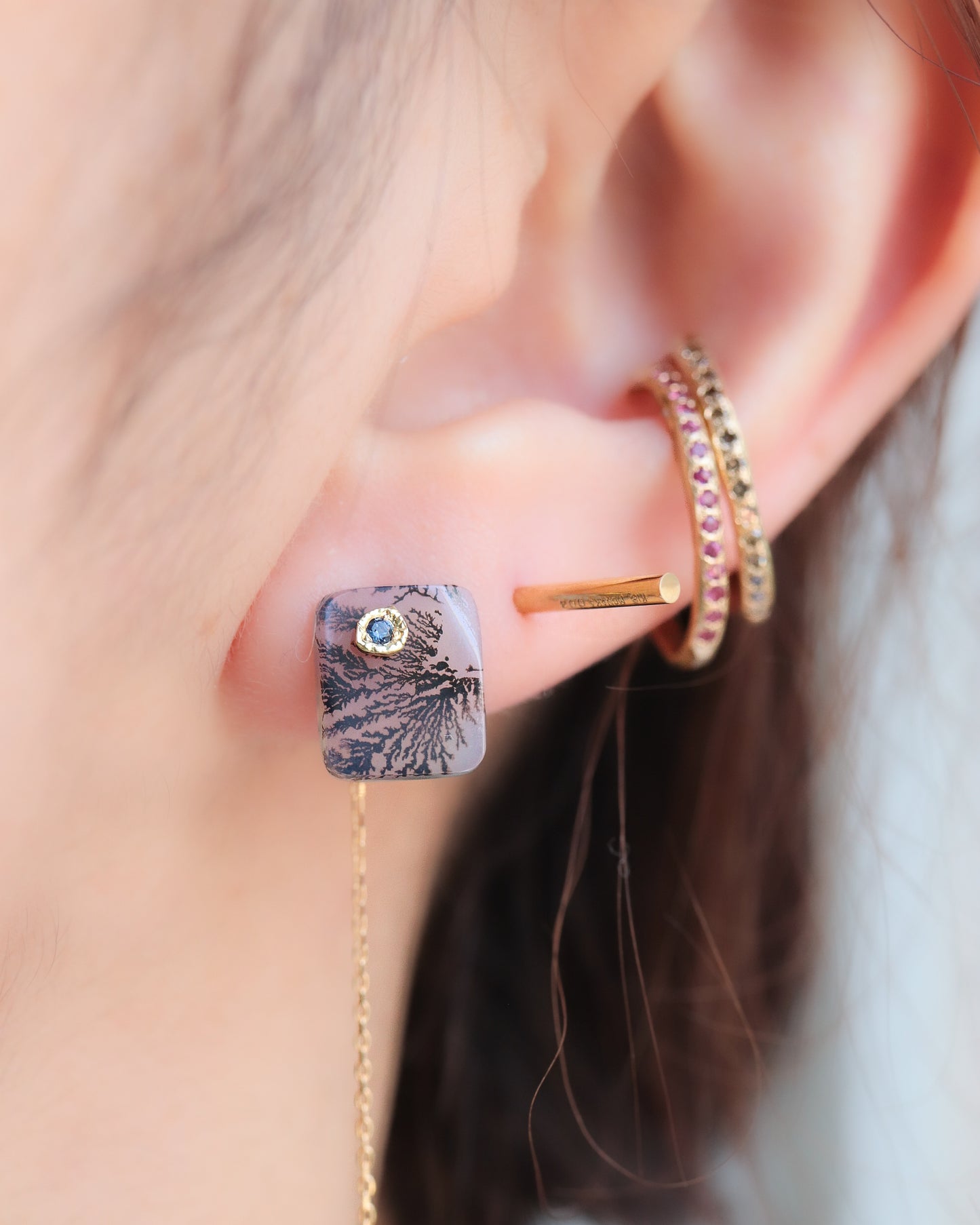 Flat Pierced Earring - Dendritic Quartz -