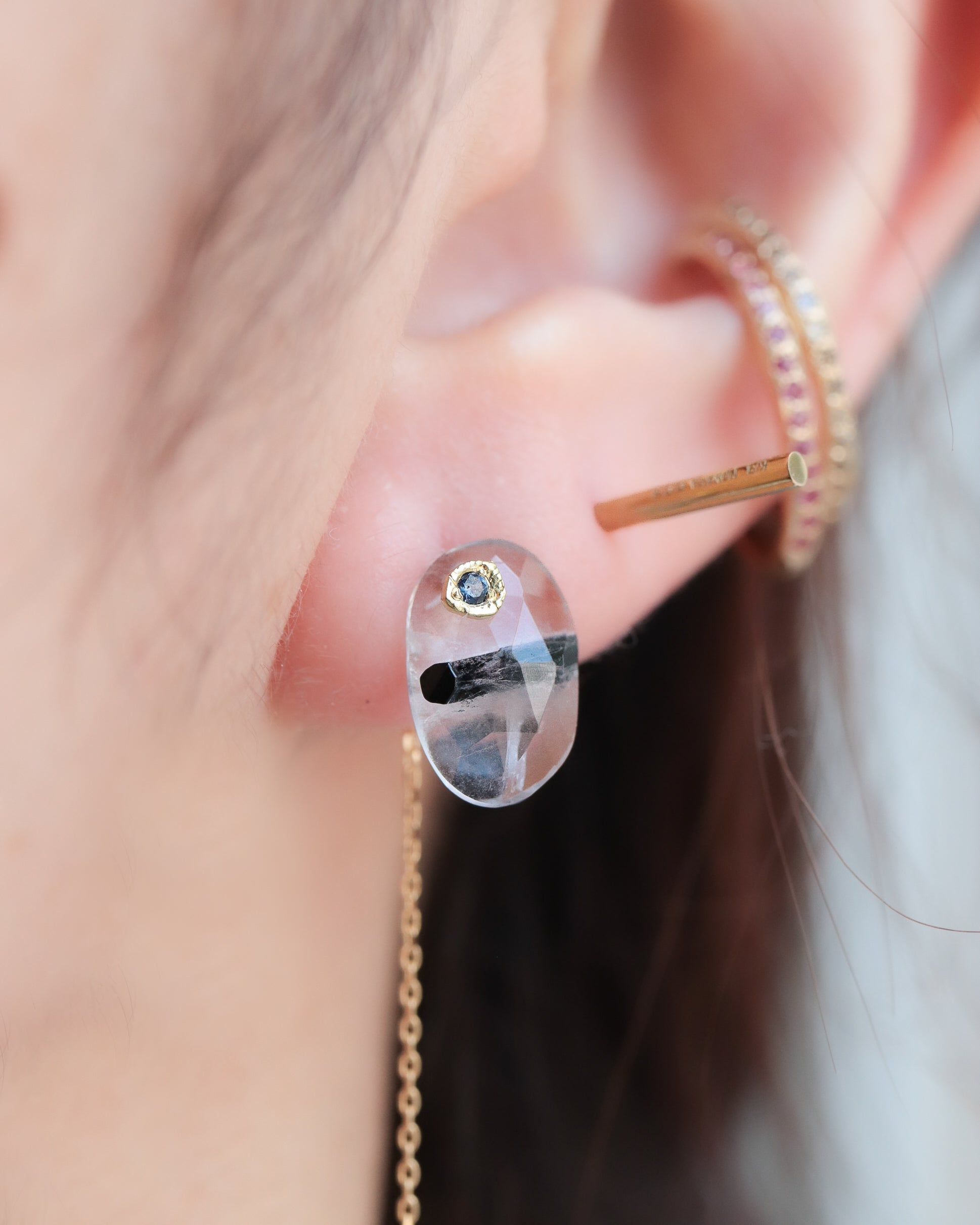Flat Pierced Earring - Tourmalinated Quartz -