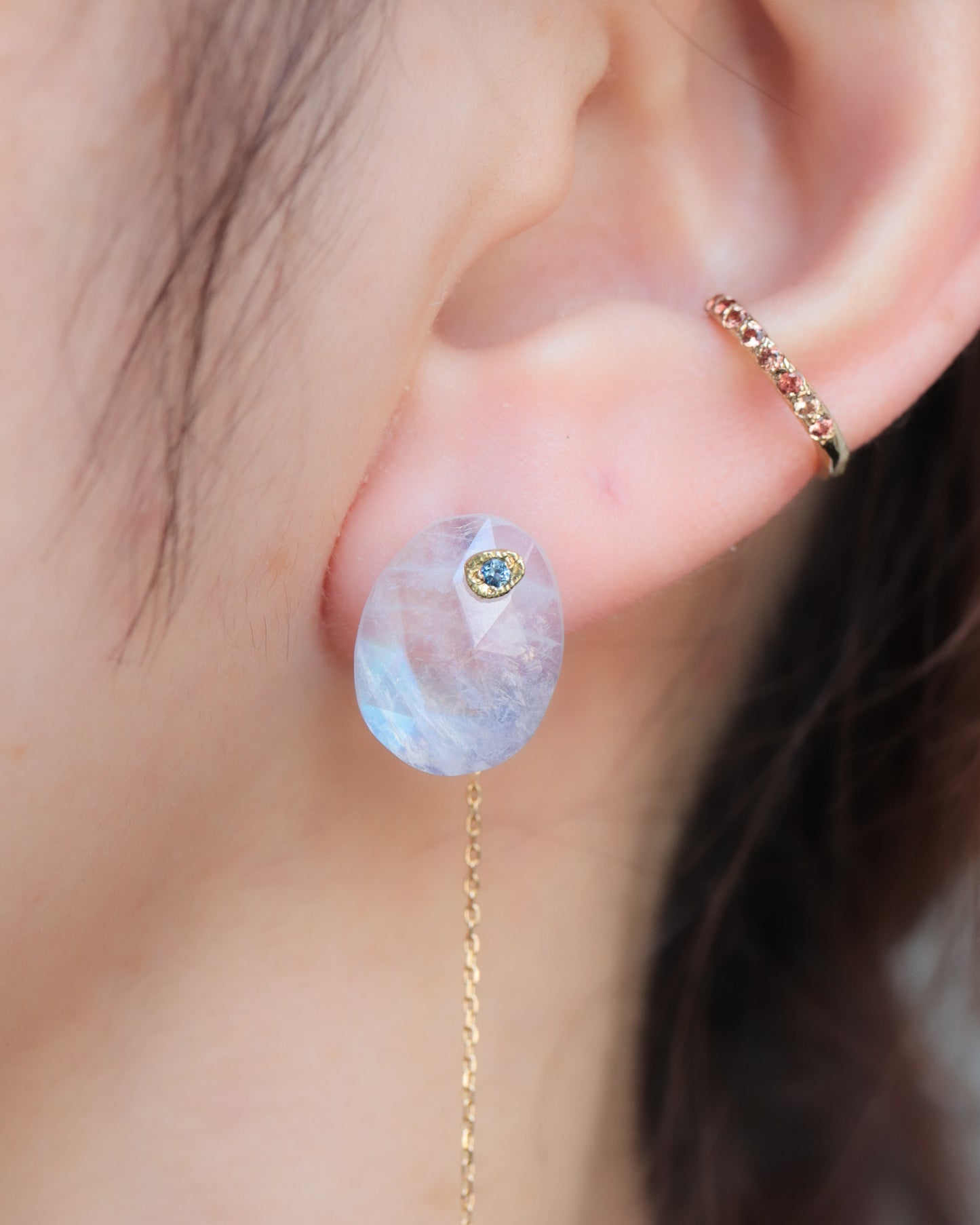 Flat Pierced Earring - Rainbow Moon Stone -