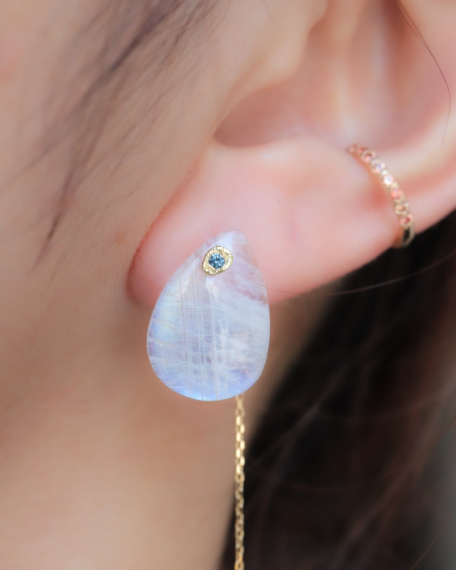 Flat Pierced Earrings - Rainbow Moon Stone -