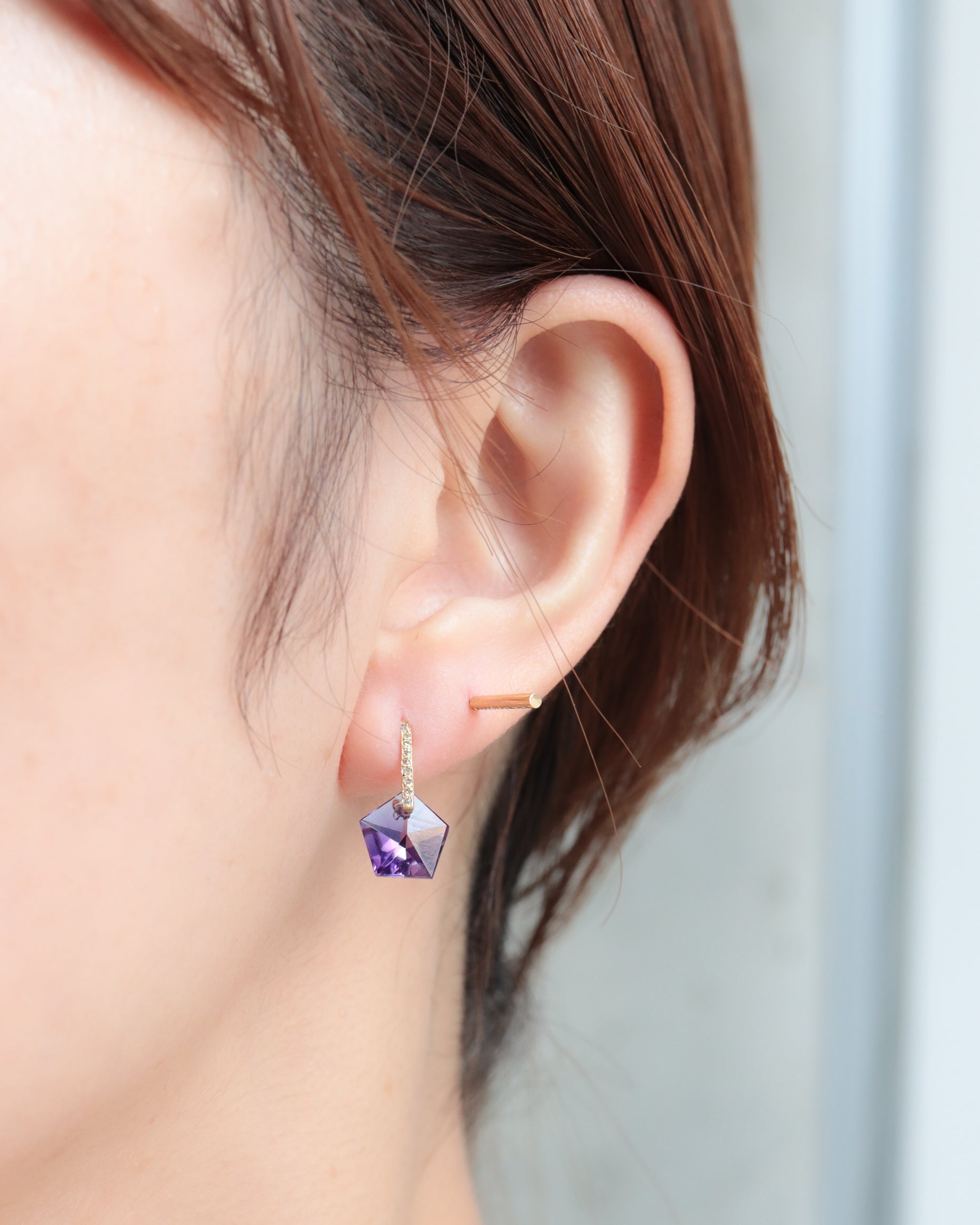 Hibiki Stone Pierced Earrings - Amethyst / Diamond -