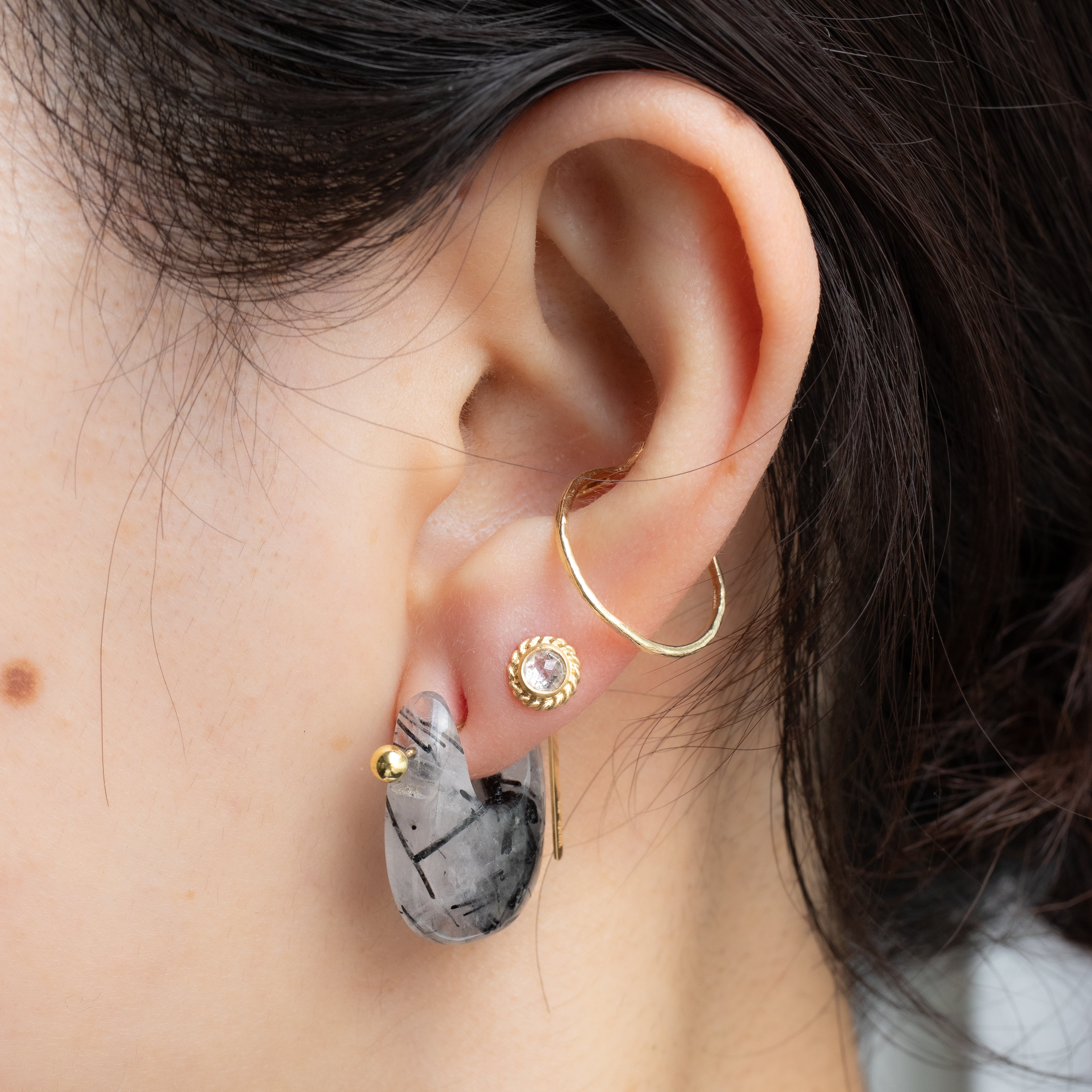 Rock Pierced Earring - Tourmalinated Quartz -