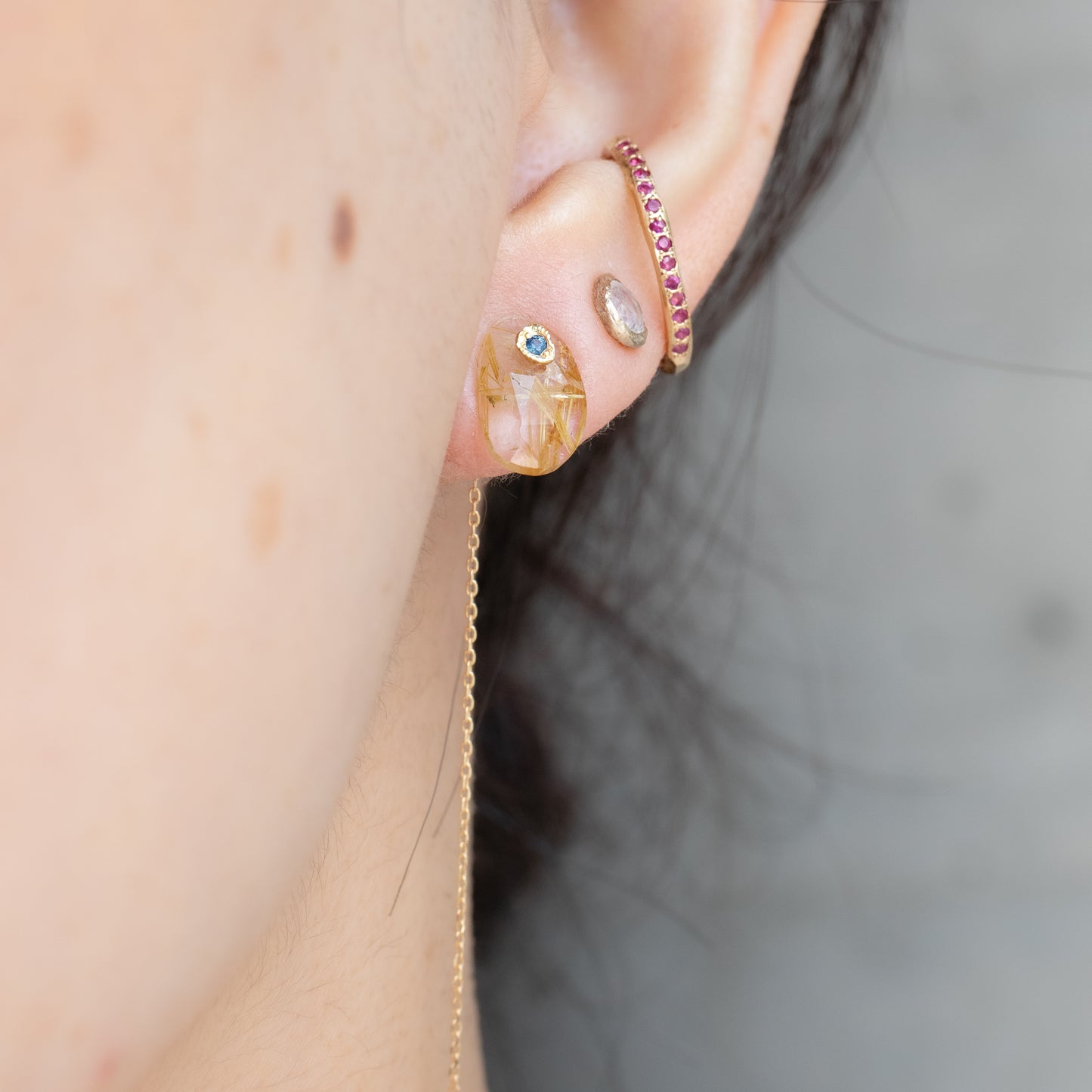 Flat Pierced Earring - Golden Rutilated Quartz -