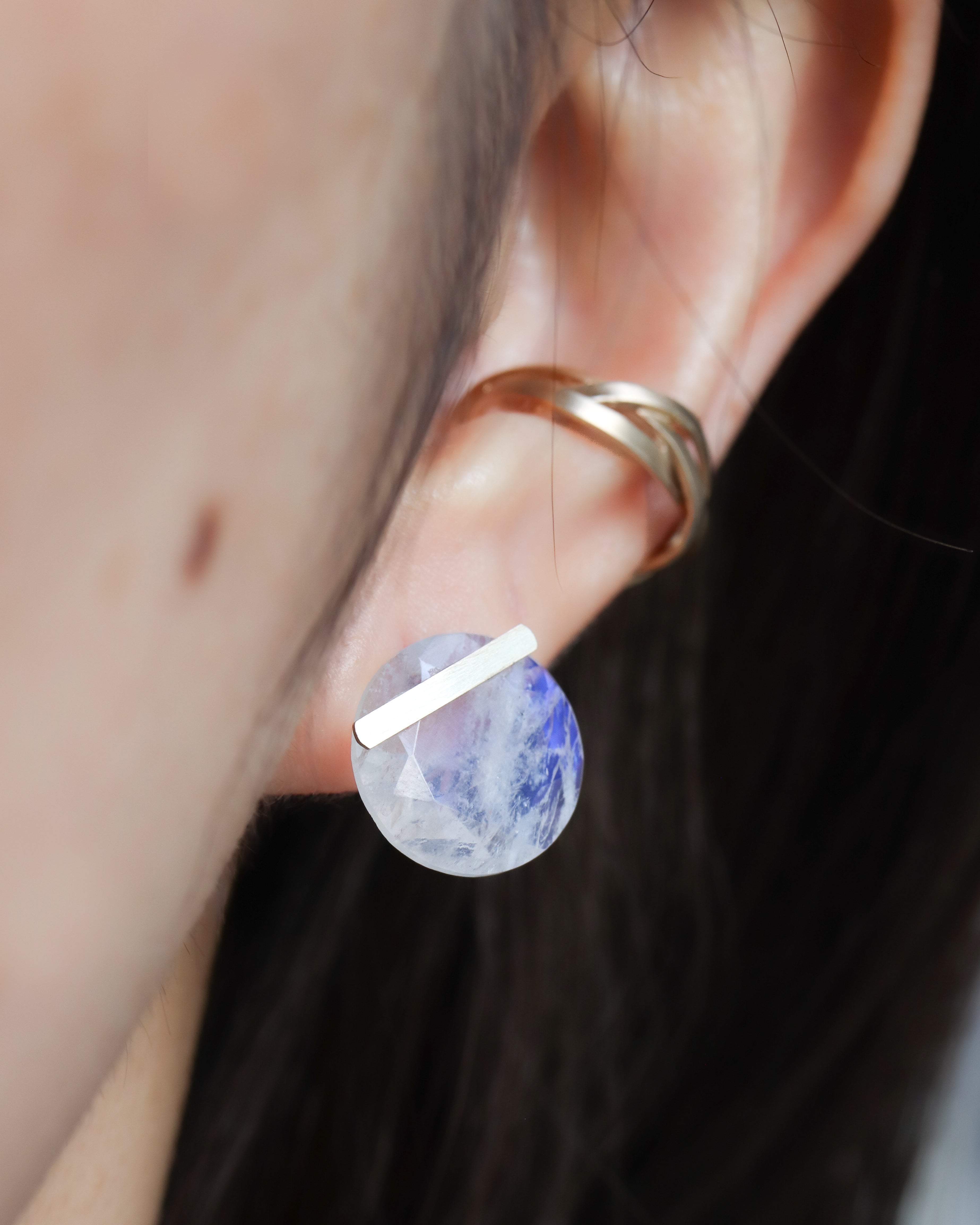 Bar stone Pierced Earring - Rainbow Moon Stone -