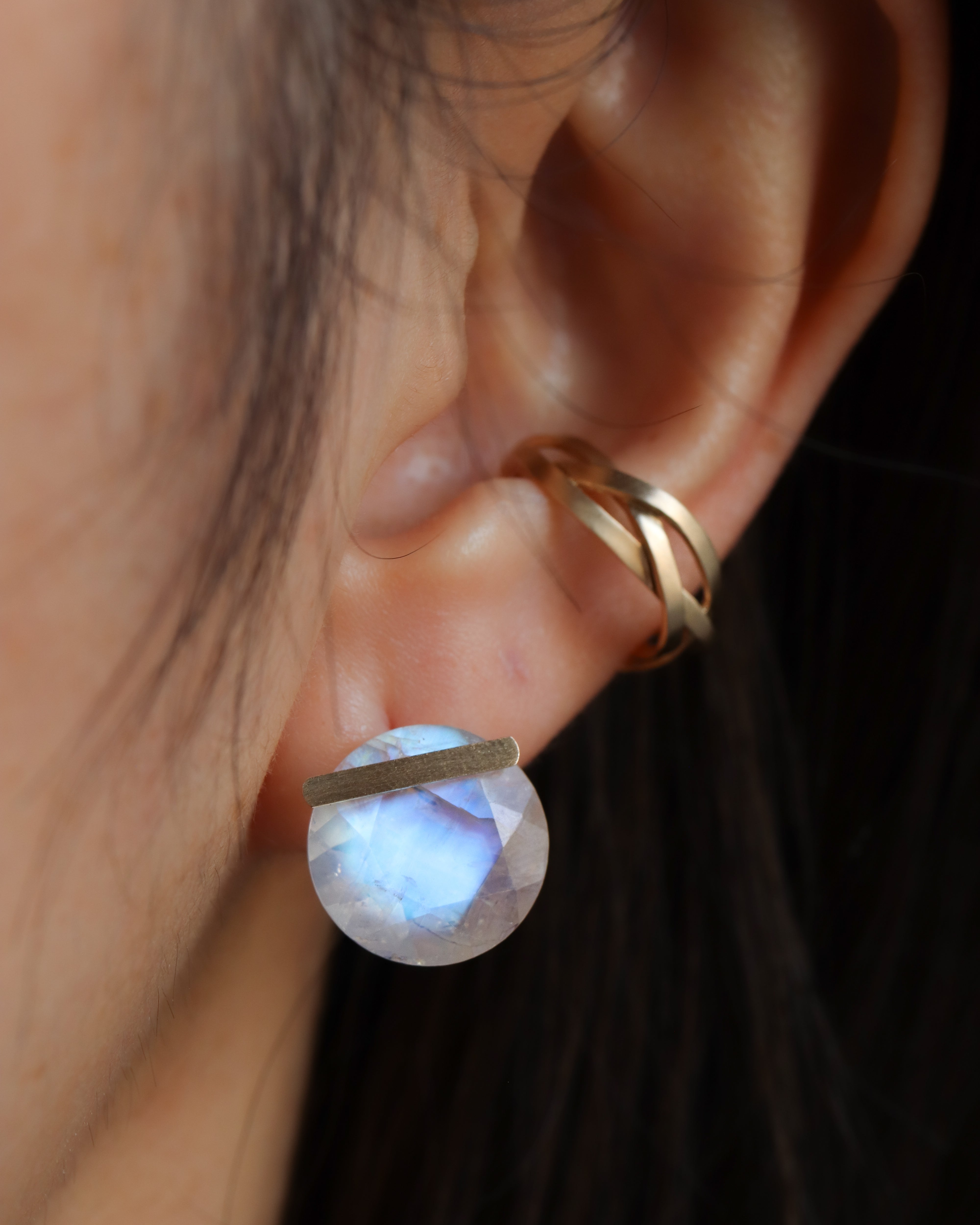 Bar stone Pierced Earring - Rainbow Moon Stone -