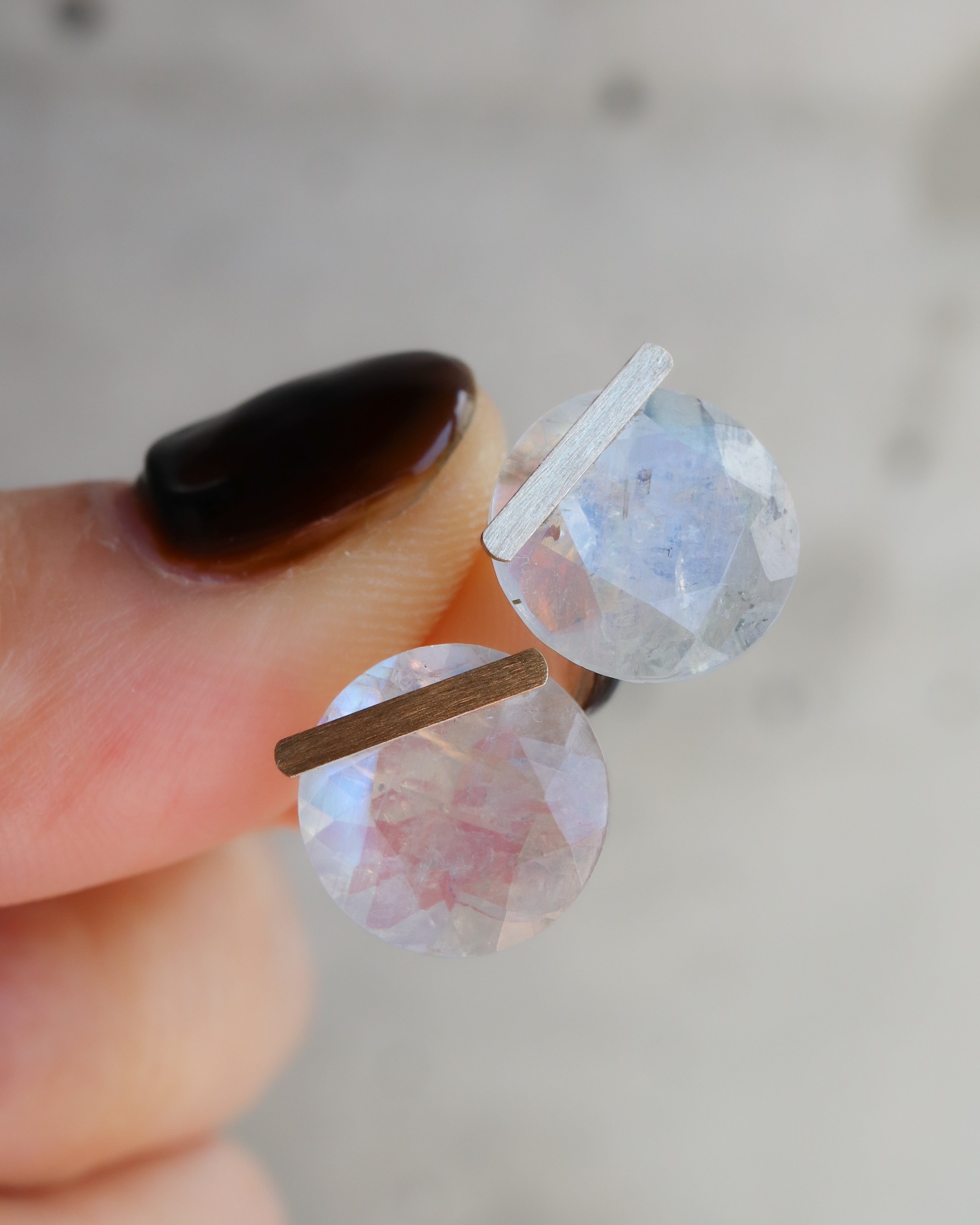 Bar stone Pierced Earring - Rainbow Moon Stone -