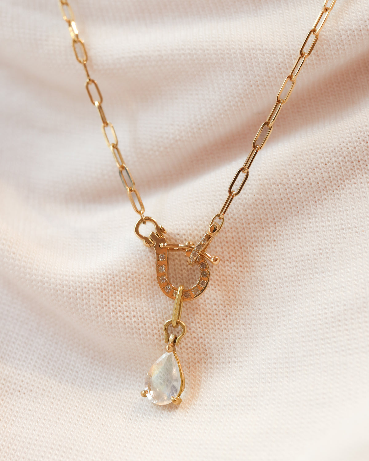 Horse Shoe Prong Necklace - Rainbow Moon Stone -