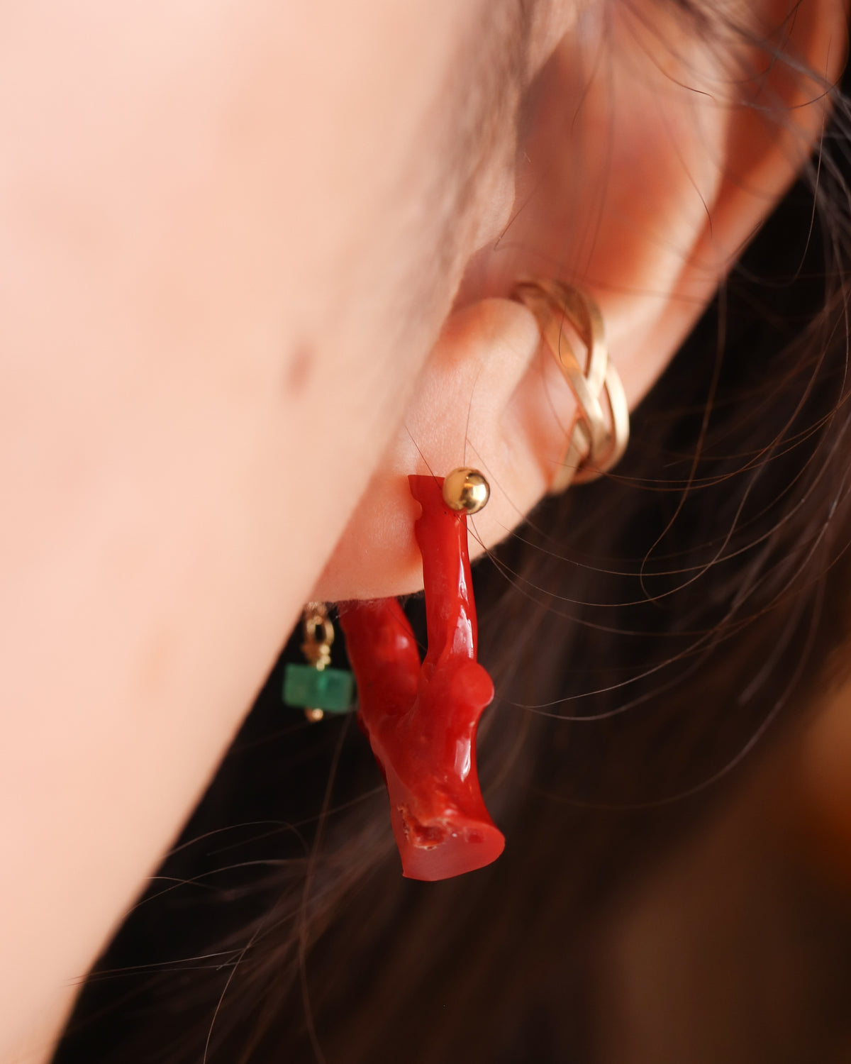 Rock Pierced Earring - Coral / Emerald -