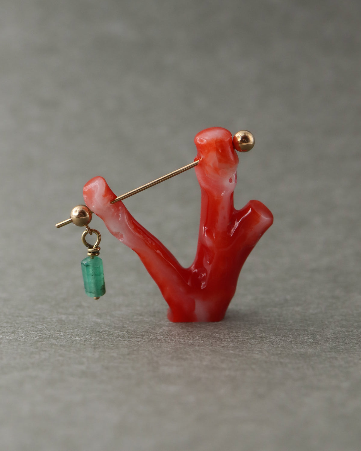 Rock Pierced Earring - Coral / Emerald -