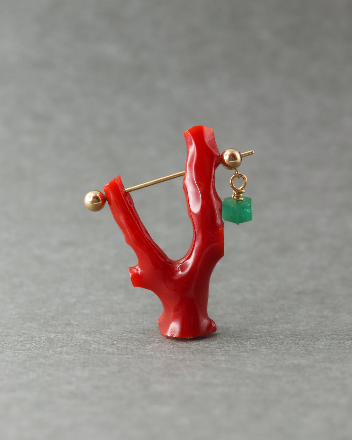 Rock Pierced Earring - Coral / Emerald -
