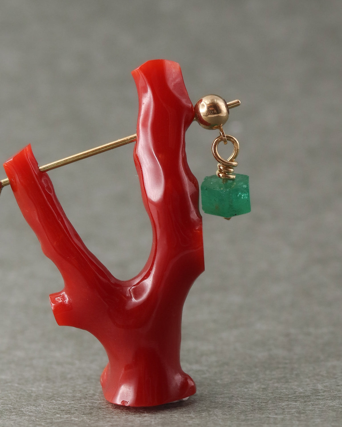 Rock Pierced Earring - Coral / Emerald -