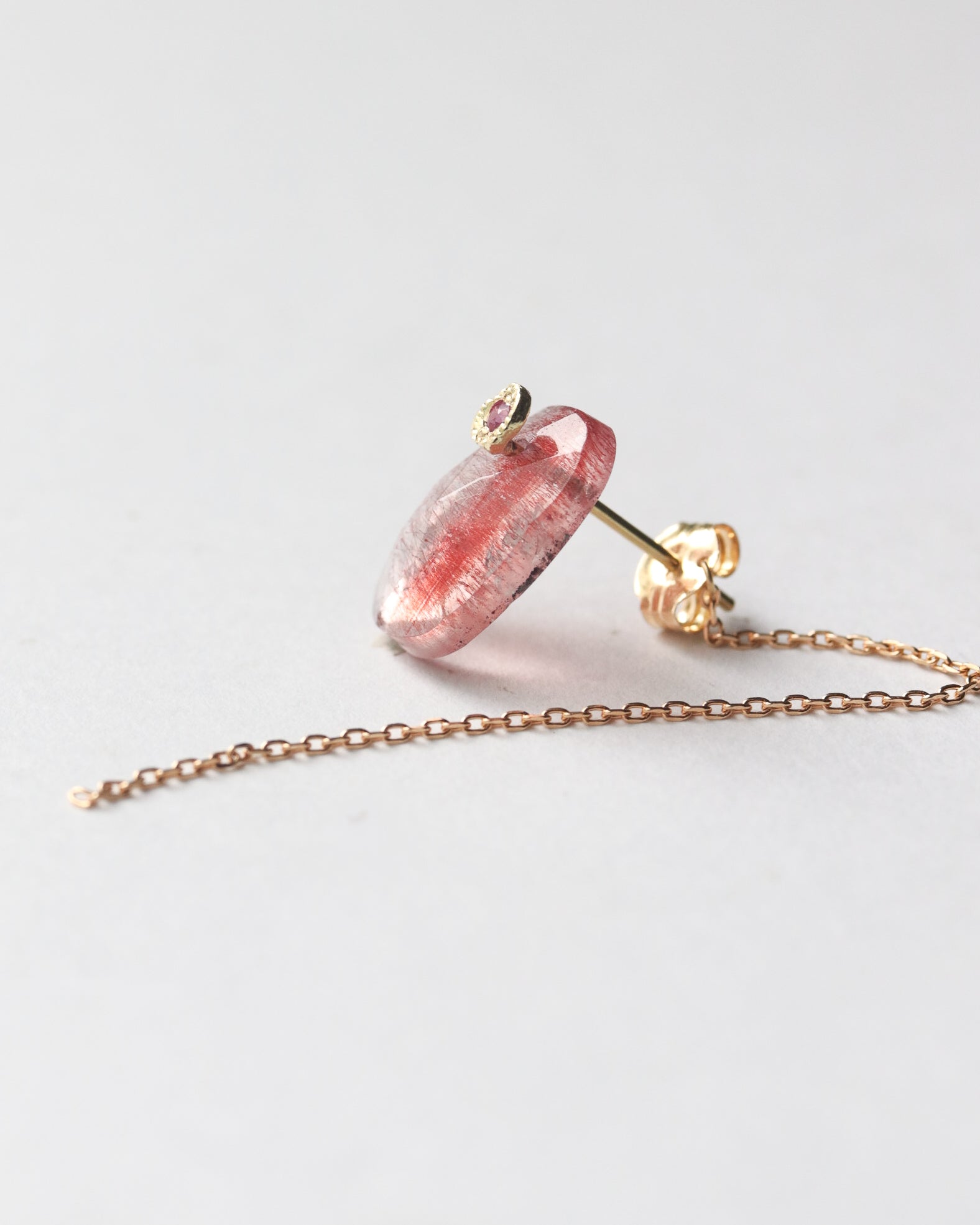 Flat Pierced Earring - Strawberry Quartz -