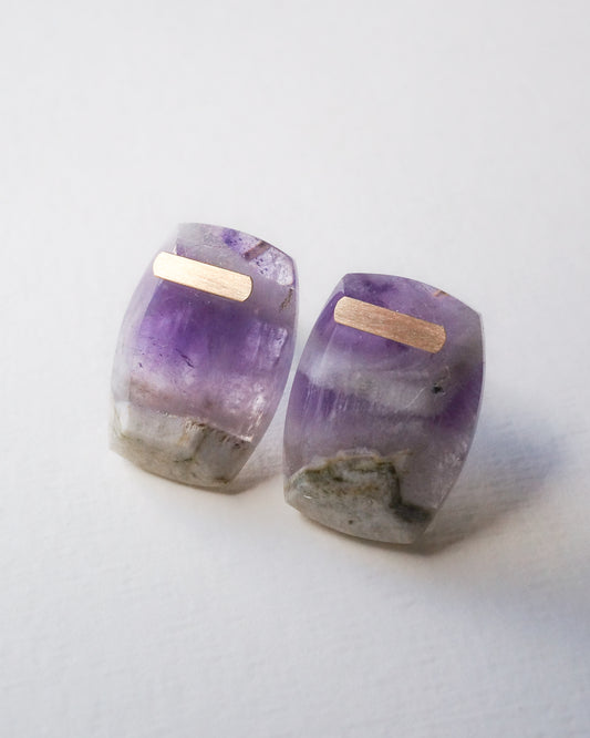 Bar stone Pierced Earring - Amethyst -