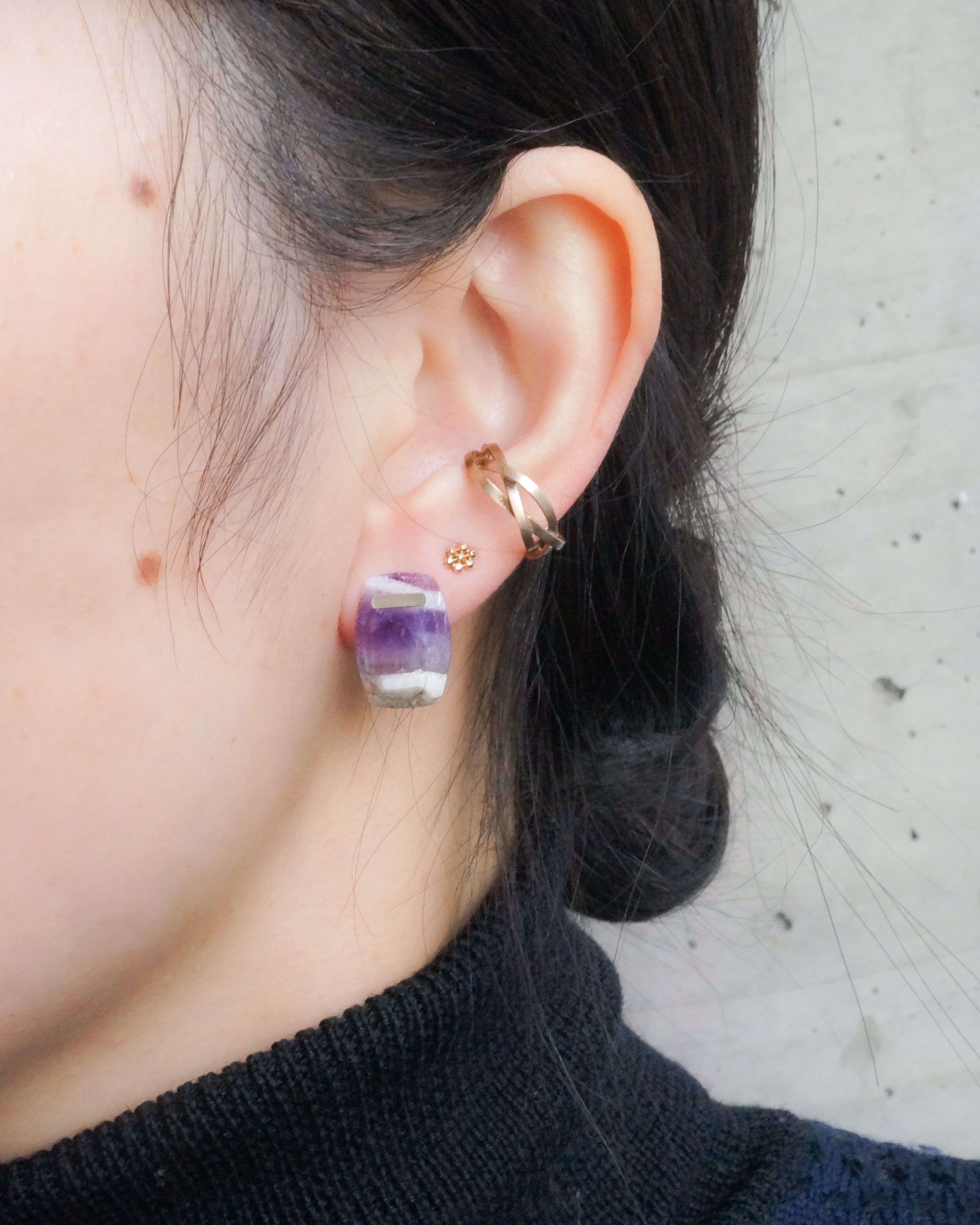 Bar stone Pierced Earring - Amethyst -