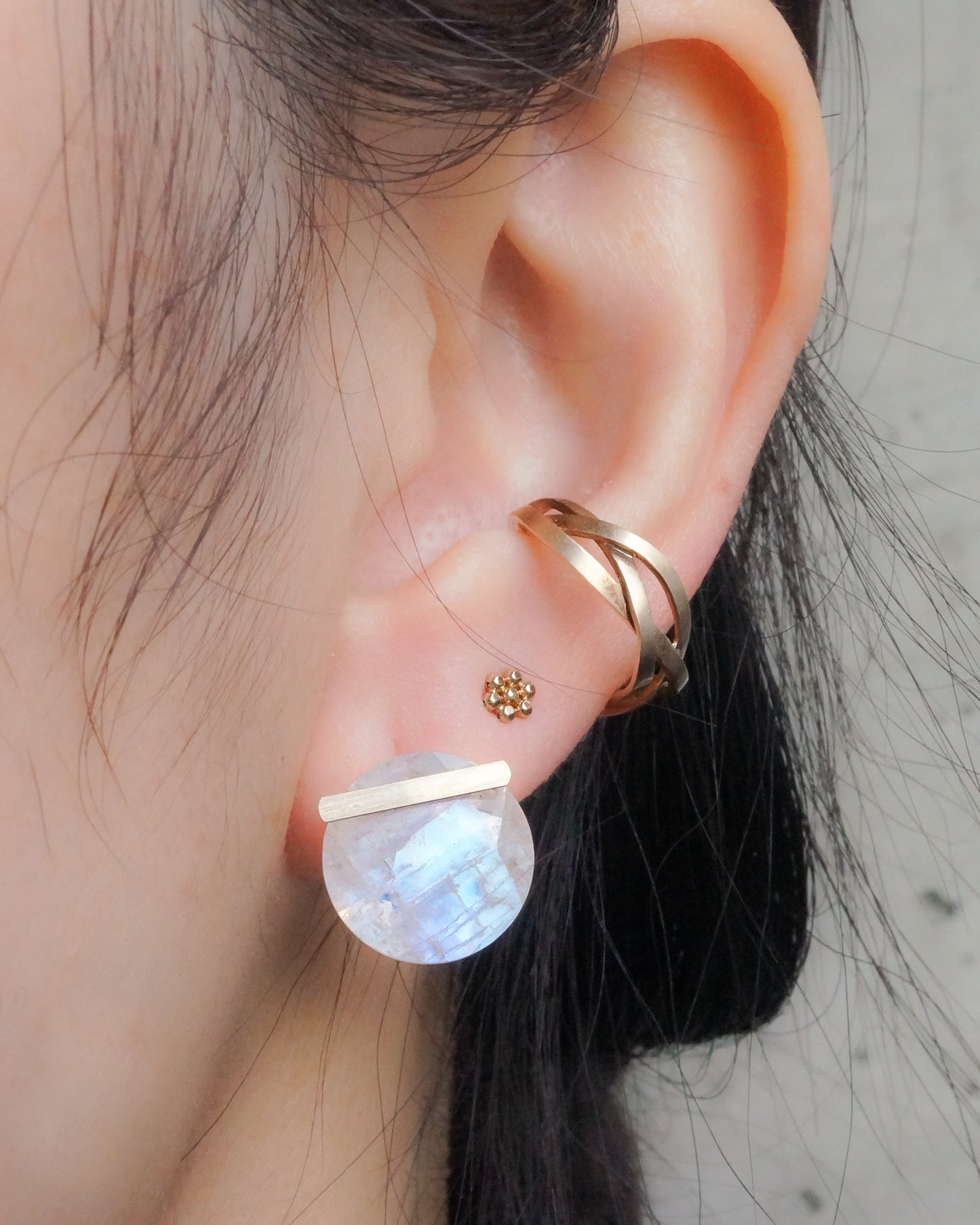 Bar stone Pierced Earring - Rainbow Moon Stone -