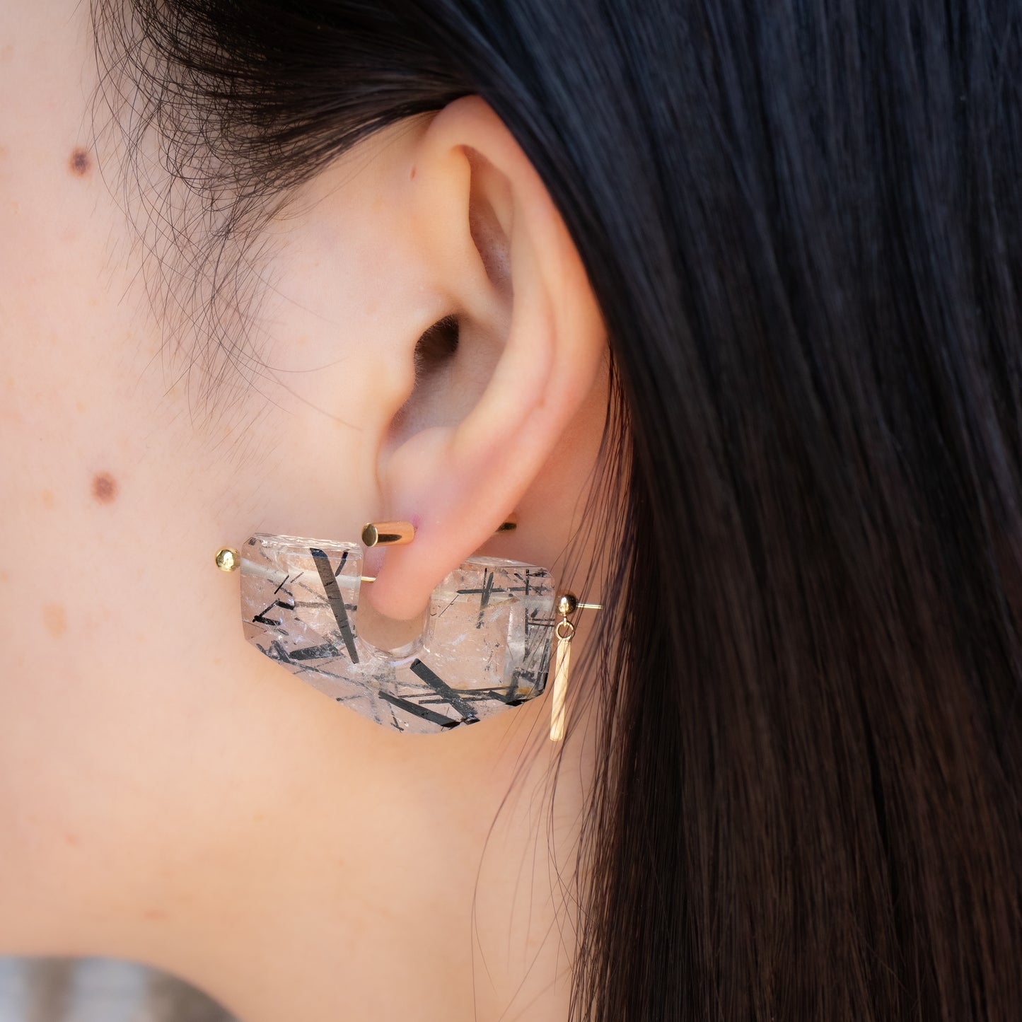 Rock Pierced Earrings - Tourmalinated Quartz -