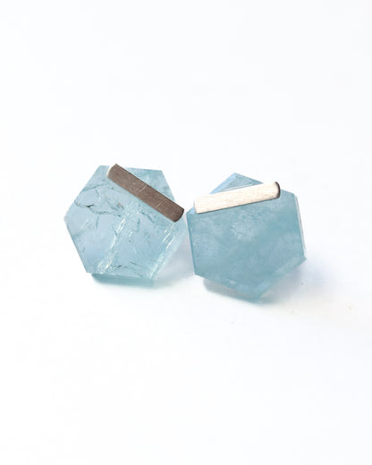 Bar stone Pierced Earring - Aquamarine -