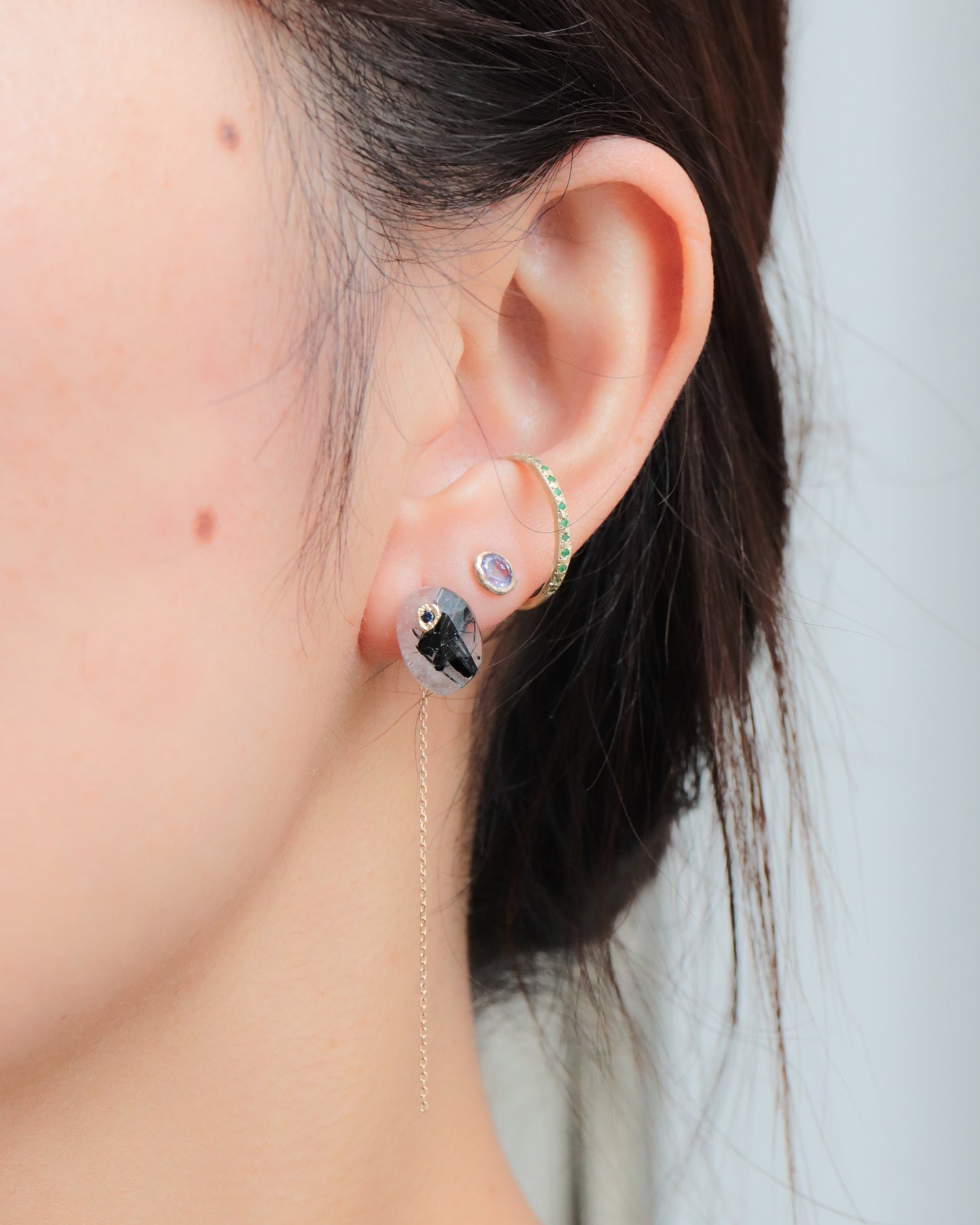 Flat Pierced Earring - Tourmalinated Quartz  -