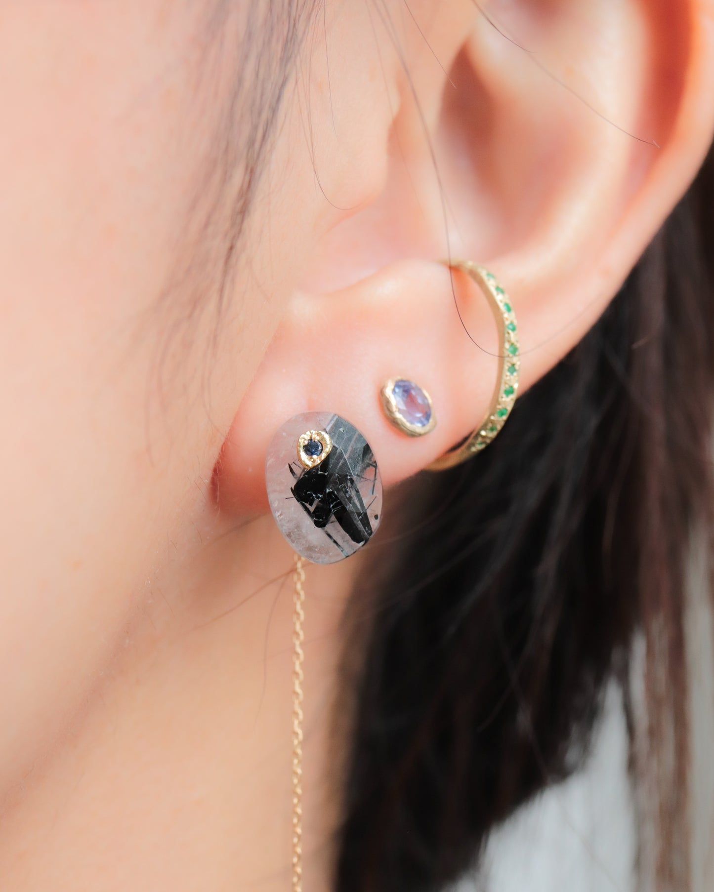 Flat Pierced Earring - Tourmalinated Quartz  -