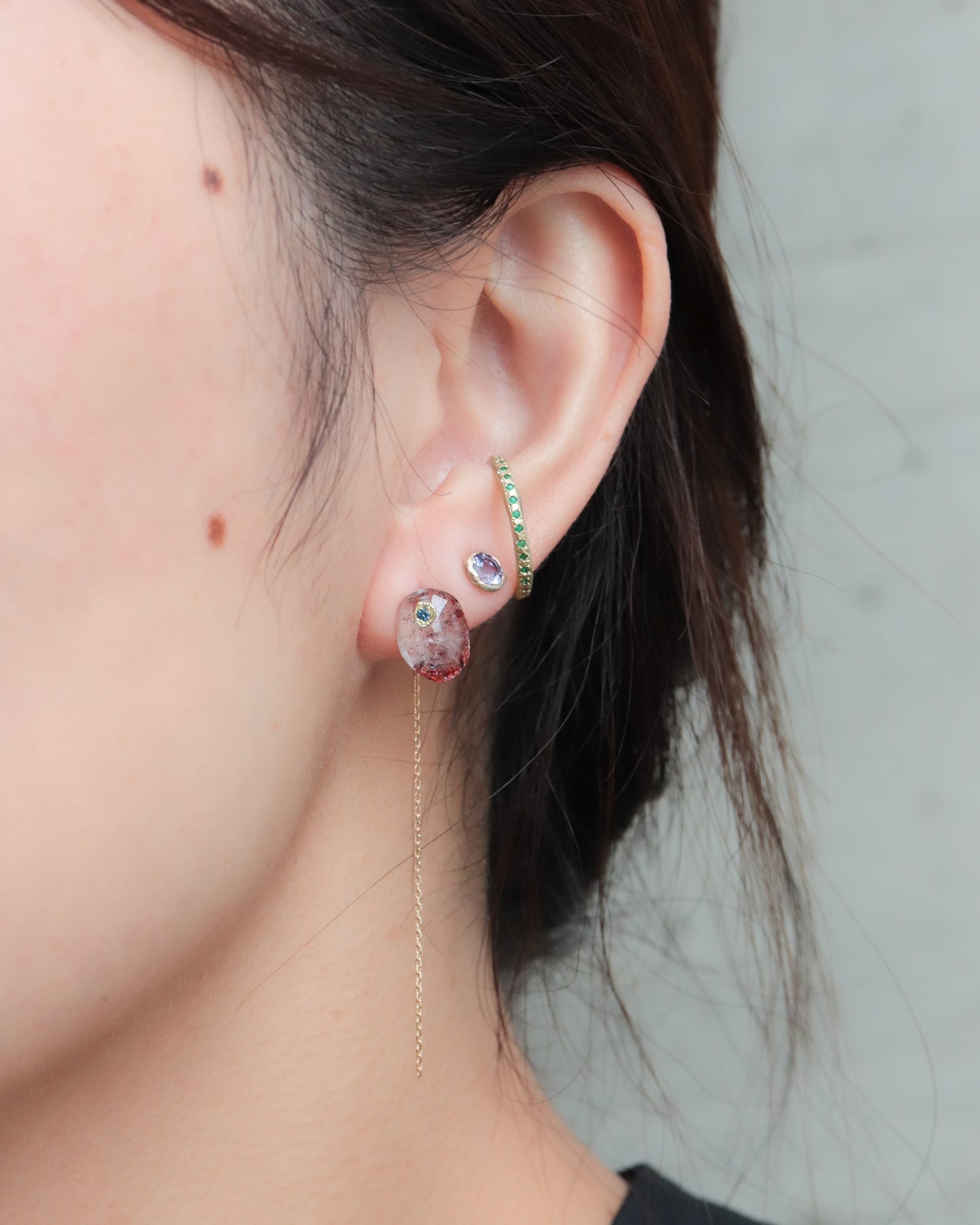 Flat Pierced Earring - Strawberry Quartz -