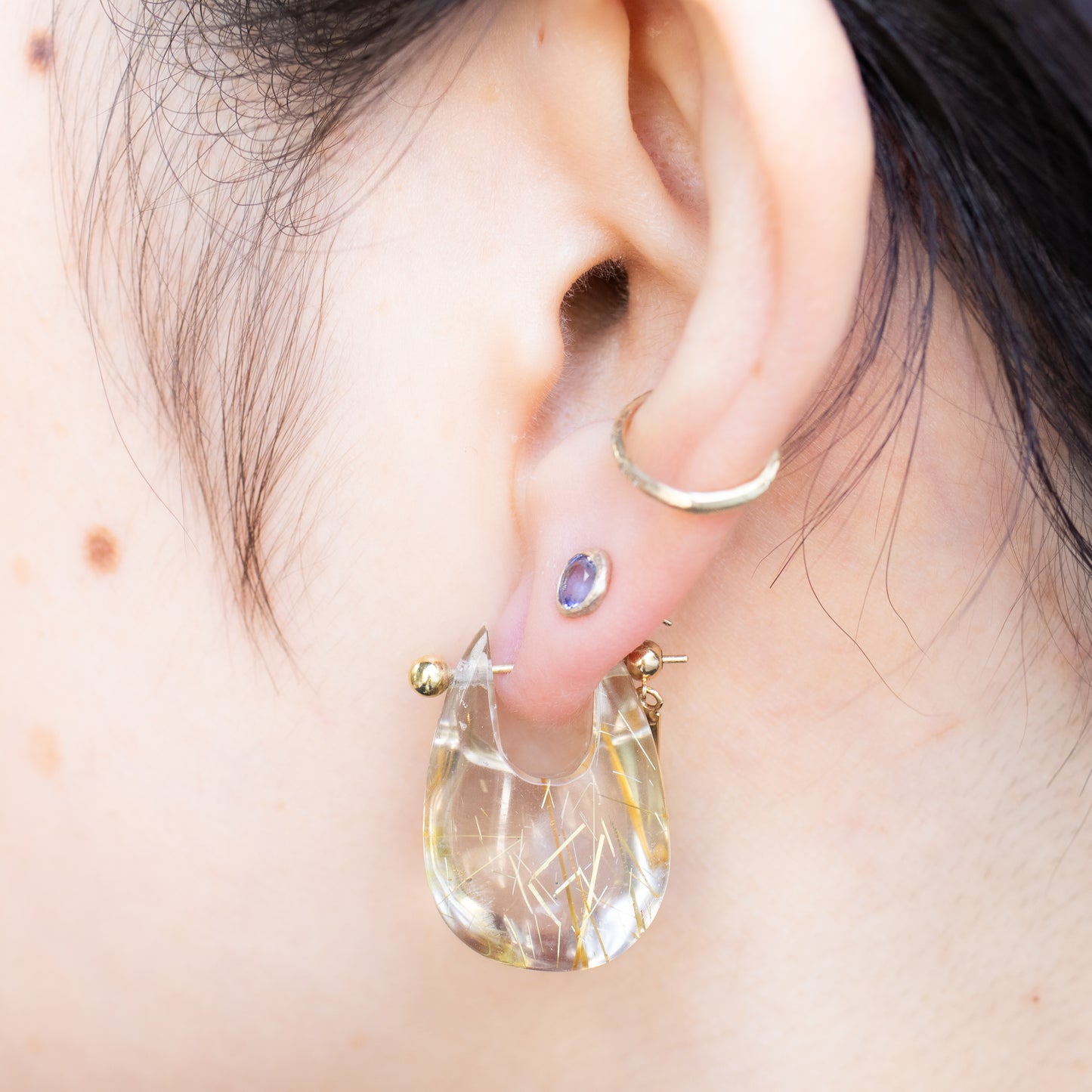 Rock Pierced Earrings - Golden Rutilated Quartz -