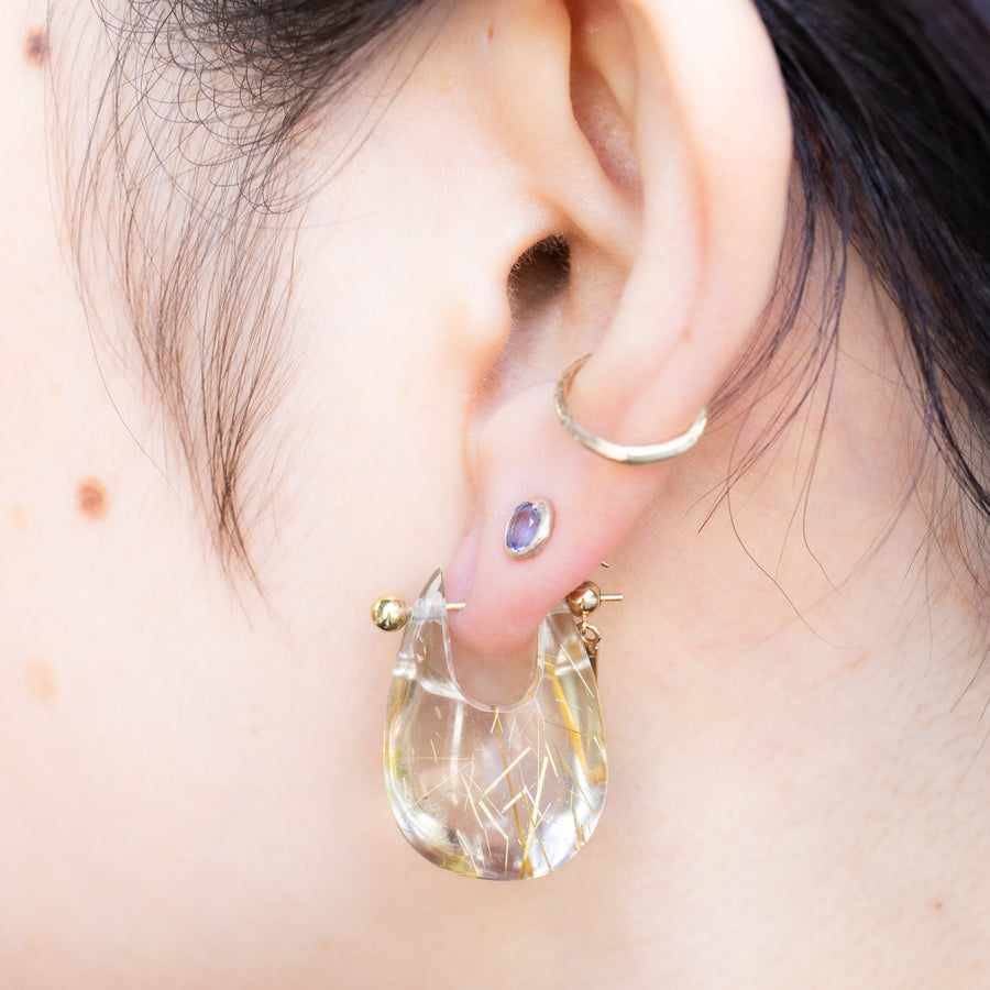 Rock Pierced Earring - Golden Rutilated Quartz -