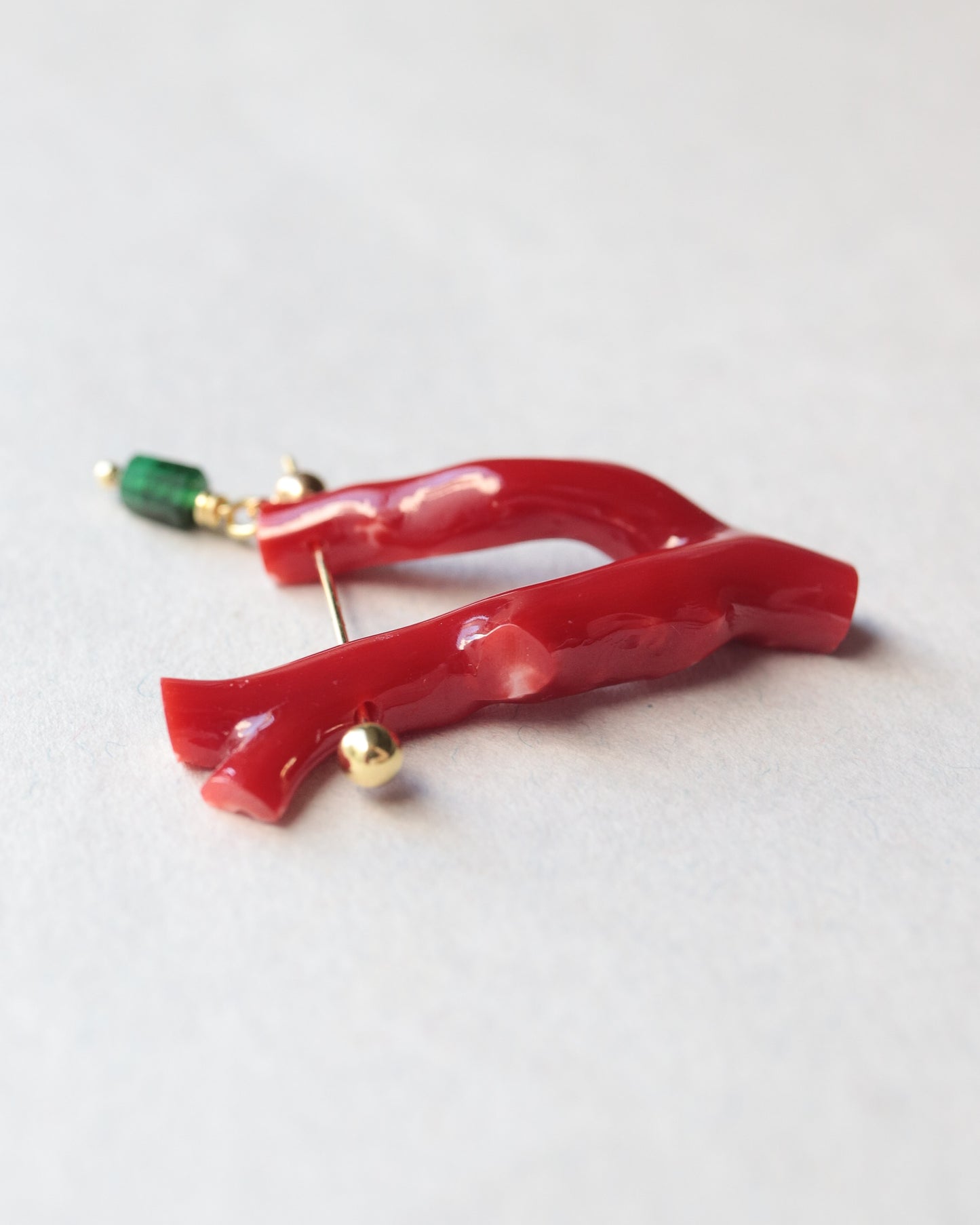 Rock Pierced Earring - Coral / Emerald -