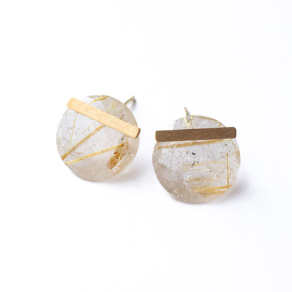 Bar stone pierced earrings - Golden rutilated quartz -