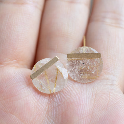 Bar stone Pierced Earring - Golden Rutilated Quartz -