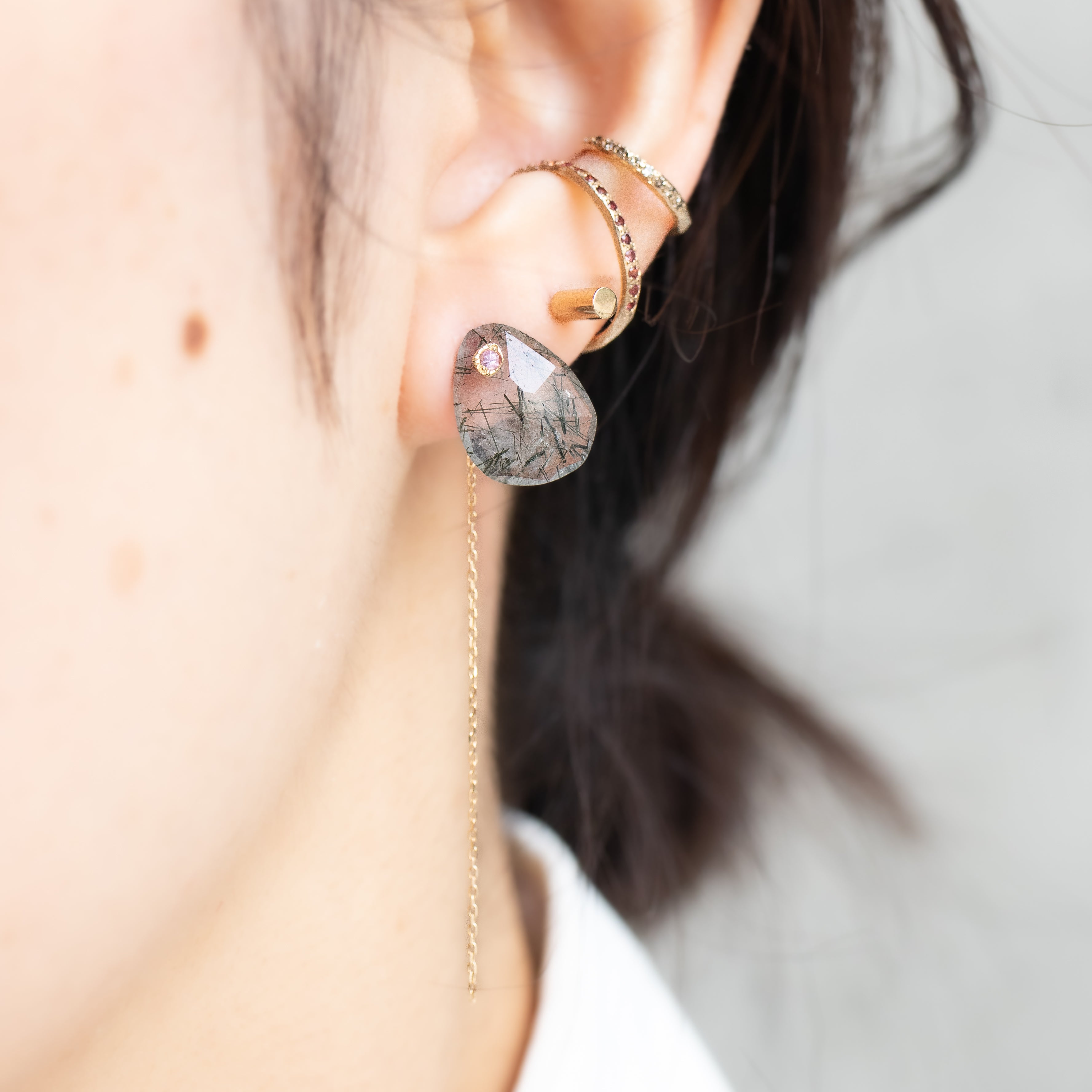 Flat Pierced Earring - Green Rutilelated Quartz -
