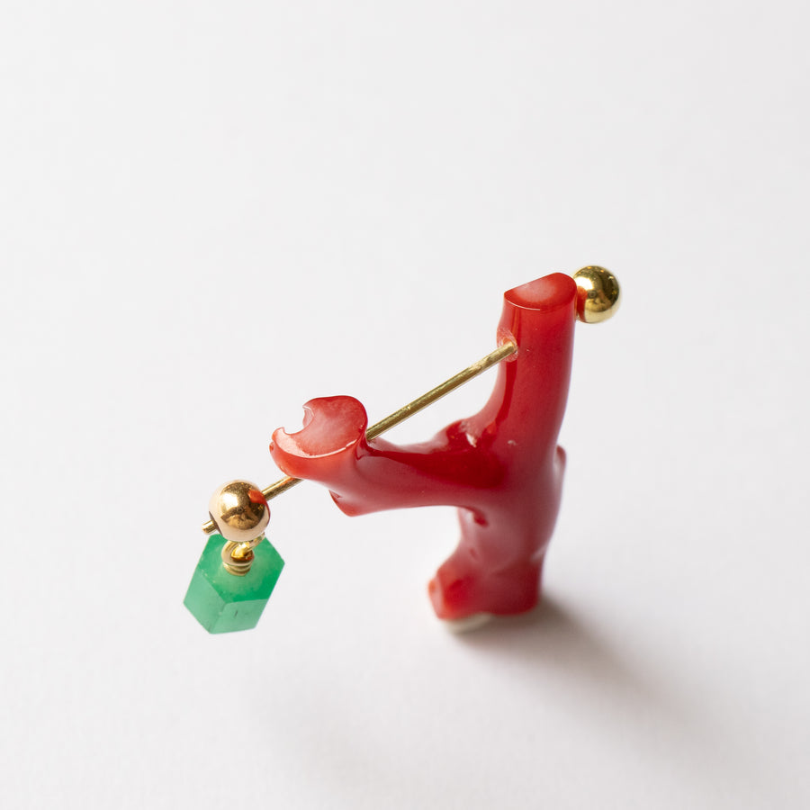 Rock Pierced Earring - Coral / Emerald -