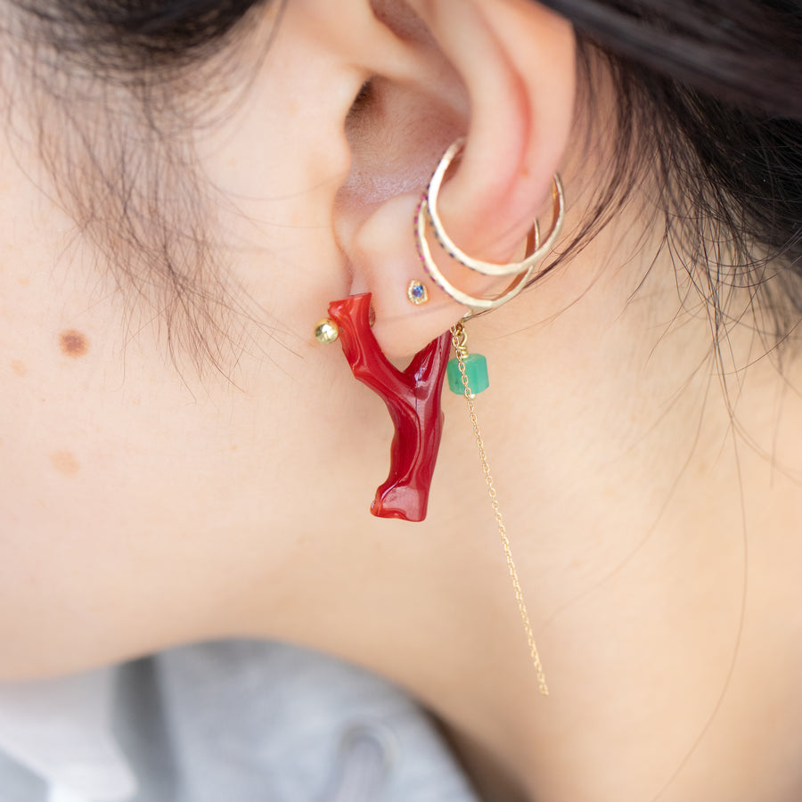 Rock Pierced Earring - Coral / Emerald -