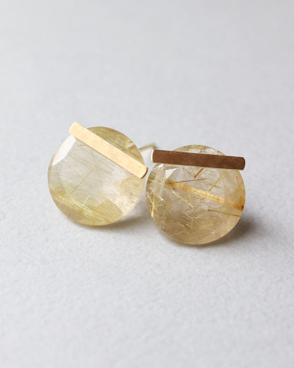 Bar stone pierced earrings - Golden rutilated quartz -