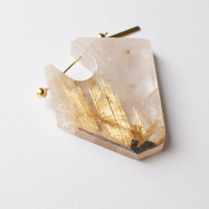 Rock Pierced Earring - Golden Rutilated Quartz -