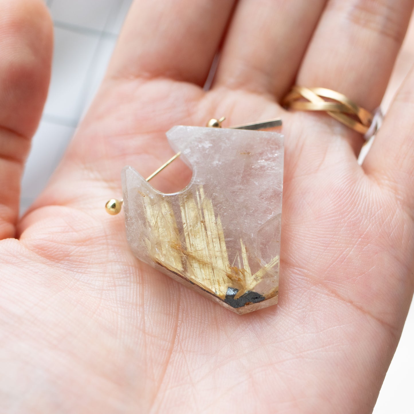 Rock Pierced Earring - Golden Rutilated Quartz -