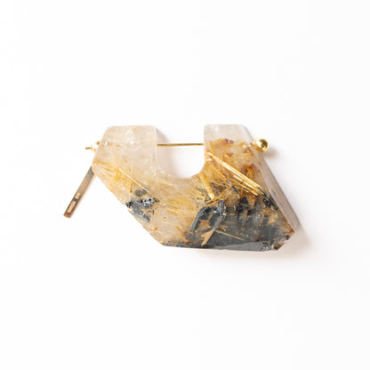 Rock Pierced Earring - Golden Rutilated Quartz -