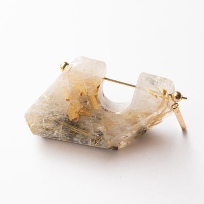 Rock Pierced Earring - Golden Rutilated Quartz -