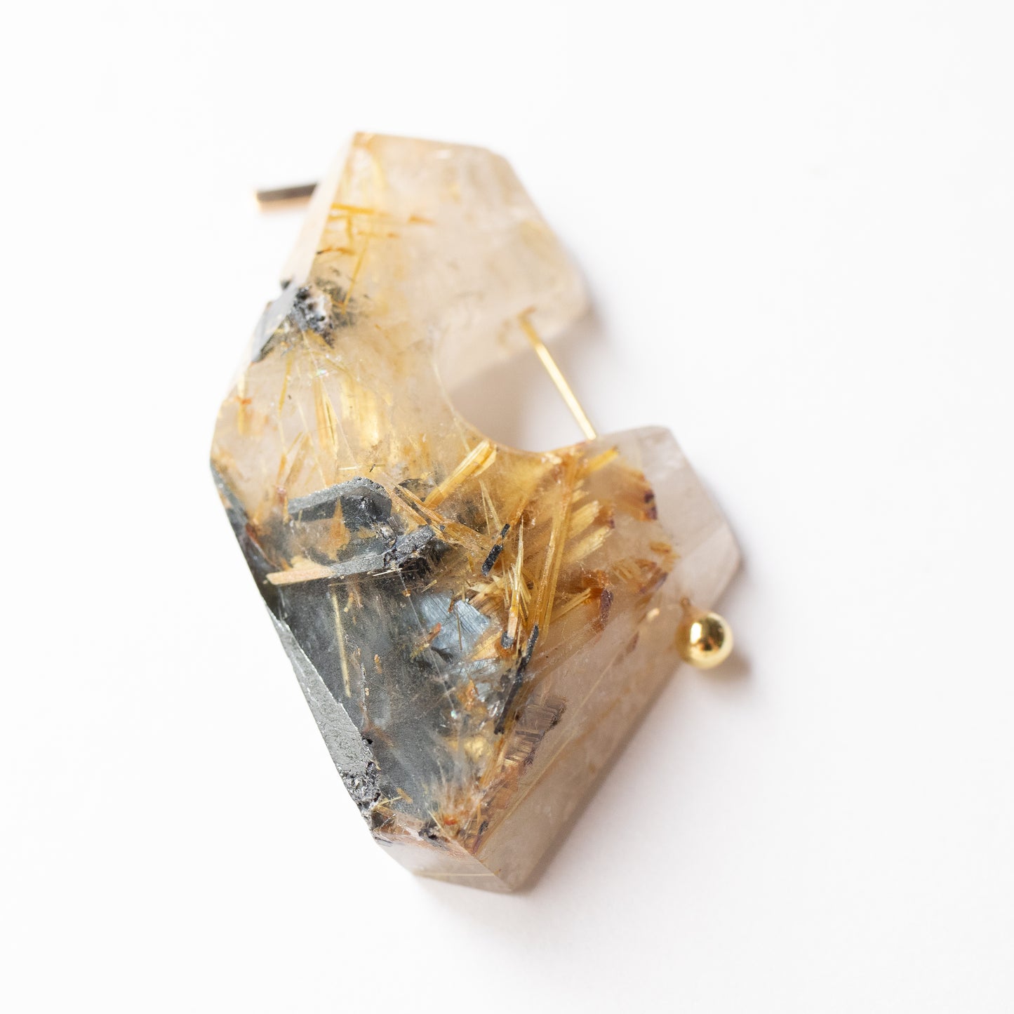 Rock Pierced Earring - Golden Rutilated Quartz -